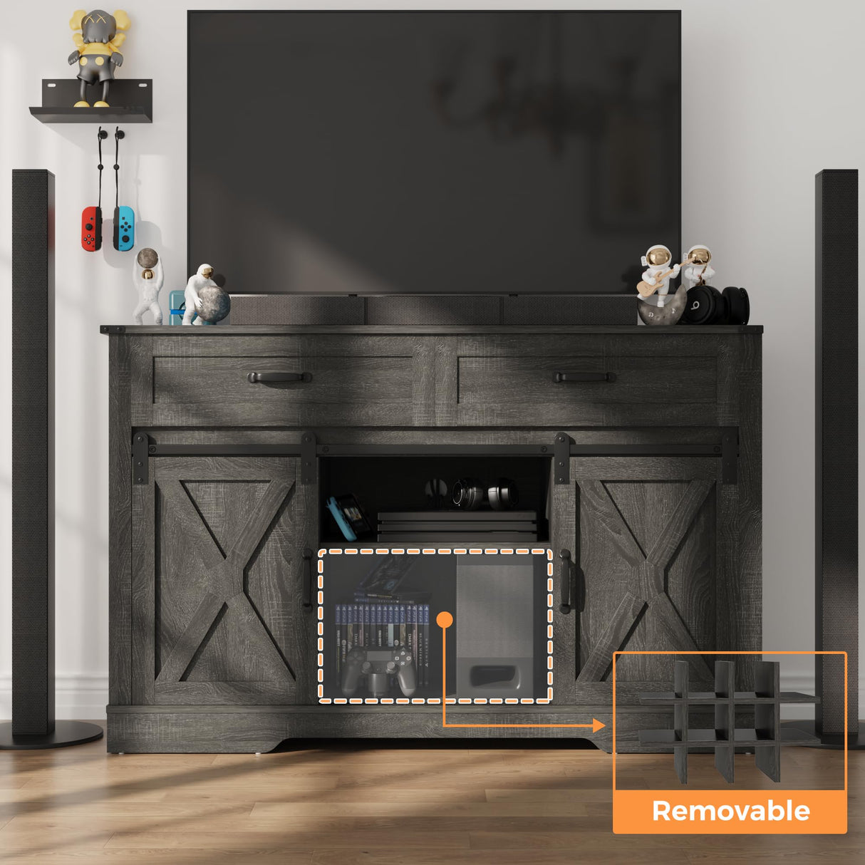 RoyalCraft 52'' Wine Bar Cabinet with Storage, Farmhouse Liquor Coffee Bar Cabinet for Home, Large Buffet Table with Drawers, Sliding Barn Door, Wine & Glass Rack, Dining Room, Rustic Dark Grey RoyalCraft