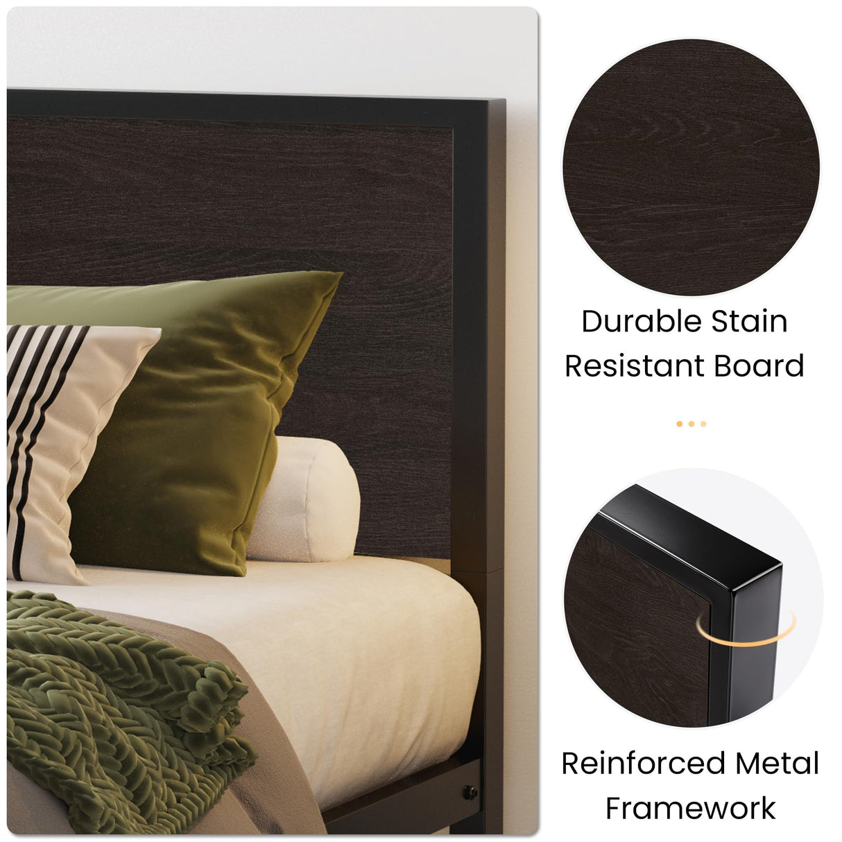 SHA CERLIN Heavy Duty Queen Bed Frame with Headboard and Under-Bed Storage - Black Oak SHA CERLIN