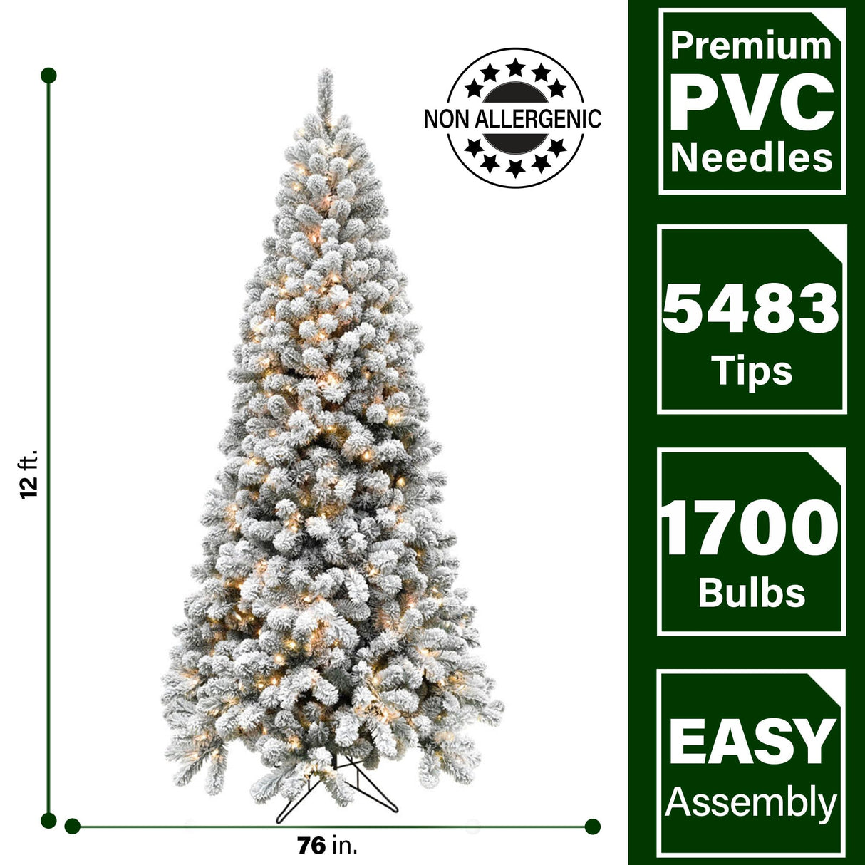 Fraser Hill Farm 12-Ft. Alaskan Pine Flocked Artificial Christmas Tree with Warm White LED Lights and Stand, Prelit Foldable Fake Tree with Realistic Snowy Foliage for Home Decoration Fraser Hill Farm