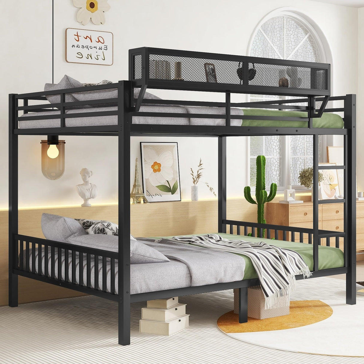 KEIKI Queen Over Queen Size Metal Bunk Bed Frame with Ladder and Built-in Storage Shelves, for Teens, Bunk Bed with Solid Slats, Guardrail, No Box Spring Required, Easy Assembly, for Bedroom, Black KEIKI