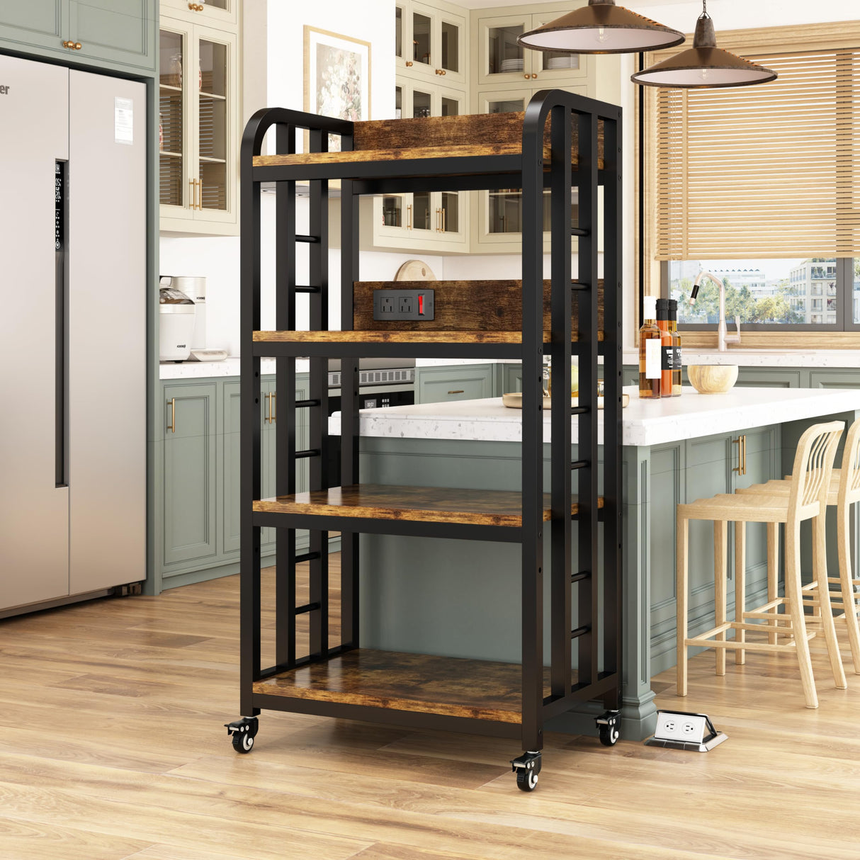 4-Tier Kitchen Bakers Rack with Power Outlet and Rolling Wheels, Microwave Stand with Storage, Adjustable Kitchen Shelves Freestadning, Coffee Bar Station, Bakers Rack for Spices, Pots and Pans, Brown BINGO CHERRY