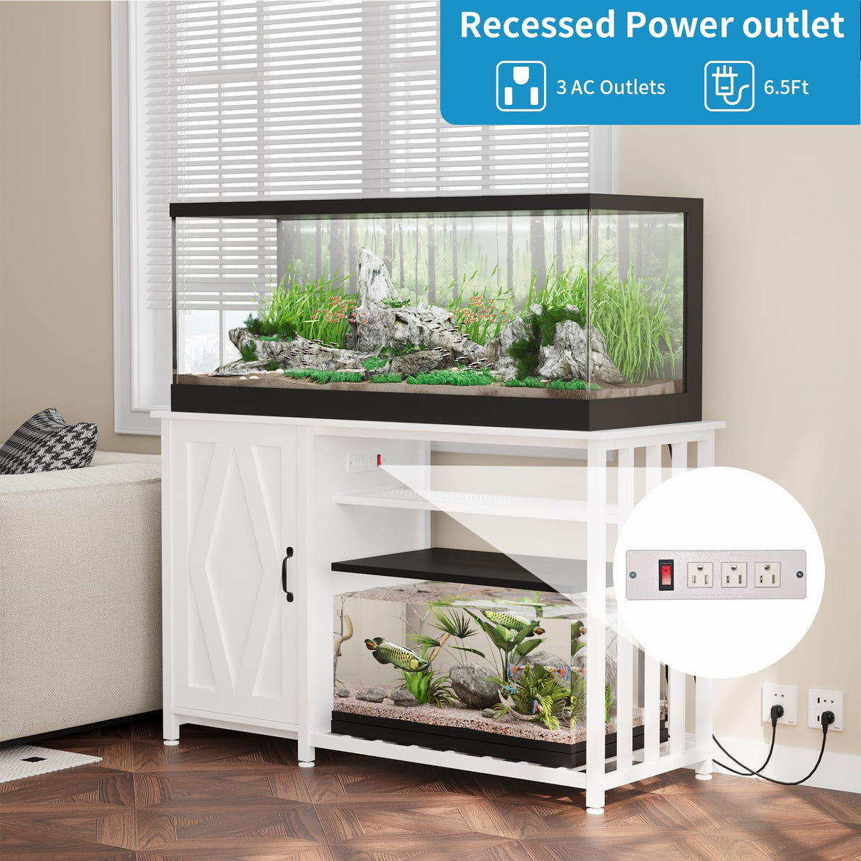 VOWNER 55-75 Gallon Fish Tank Stand, Aquarium Stand with Power Outlets, Cabinet for Fish Tank Accessories Storage, Heavy Duty Metal Frame, Suitable for Fish Tank, Turtle Tank, 1200LBS Capacity, White VOWNER