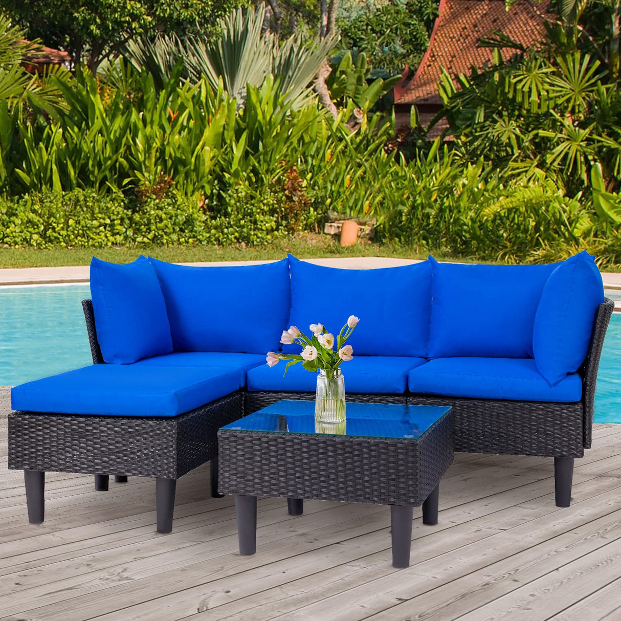 FDW 5 Pieces Patio Furniture Sets Outdoor Sectional Sofa Wicker Chair Rattan Conversation Set for Outdoor Backyard Porch Poolside Balcony Garden Furniture with Coffee Table,Blue Cushion FDW