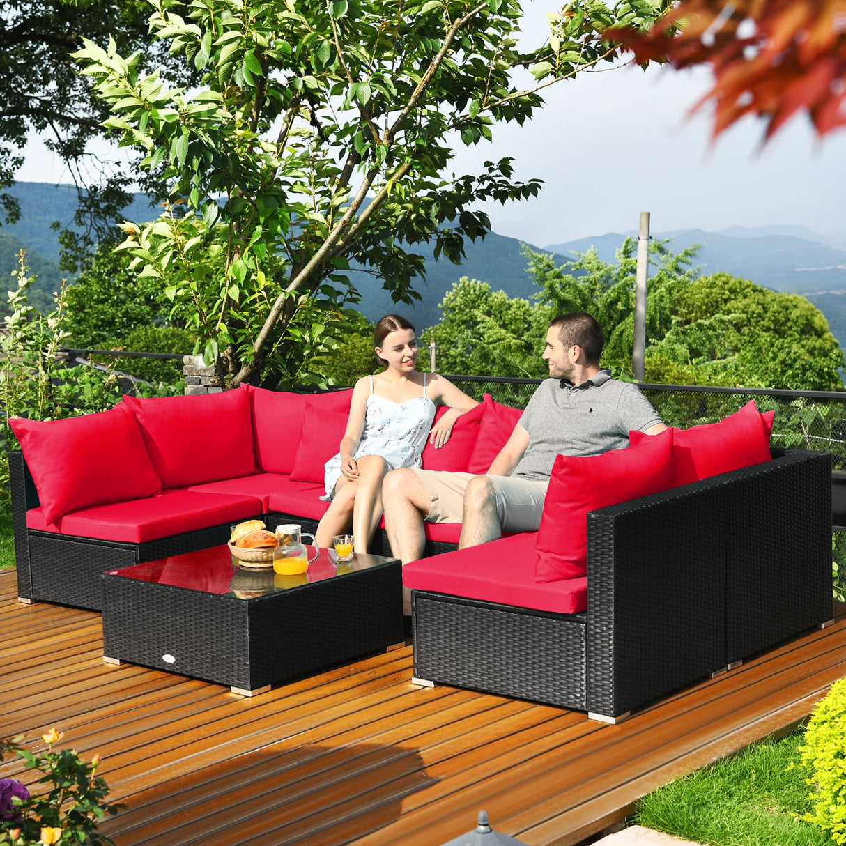 Tangkula 7 Piece Patio Furniture Set, Outdoor Sectional Sofa w/Pillows and Cushions, Wicker Sofa Conversation Set with Coffee Table, Patio Sofa and Tea Table Set for Garden, Lawn (Red) Tangkula