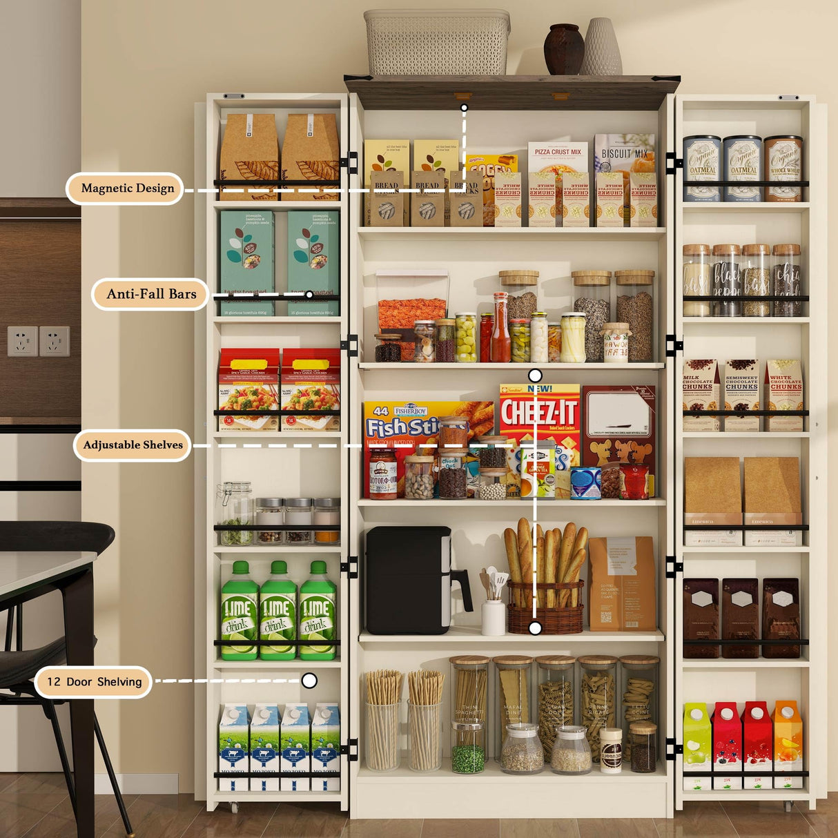 Vrmuxita Tall Kitchen Pantry Cabinet: Food Pantry Cabinets for Kitchen Storage, Off White Wood Storage Cabinet with 2 Doors, Farmhouse Cabinets with Freestanding Cupboard Vrmuxita