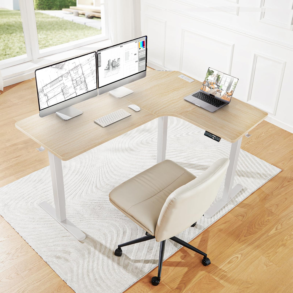 HUANUO 63″ Dual Motor L-Shaped Standing Desk, Built-in Power Outlets, Electric Height Adjustable Corner Computer Desk, Large Power Strip Holder, Sit Stand Up Desk with 3 Preset Heights, Natural Wood HUANUO