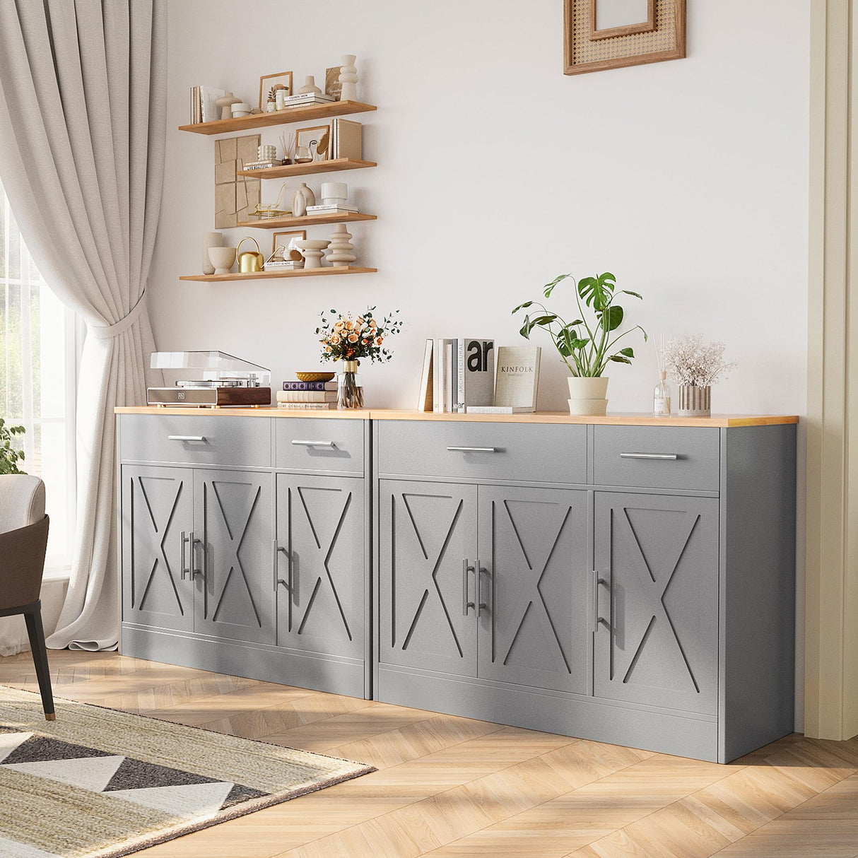 Shintenchi Modern Farmhouse Sideboard Buffet Cabinet with Storage with 3 Doors, 42"Barn Doors Buffet Cabinet with Storage, Wood Coffee Bar Cabinet with Adjustable Shelf for Kitchen, Living Room, Grey Shintenchi