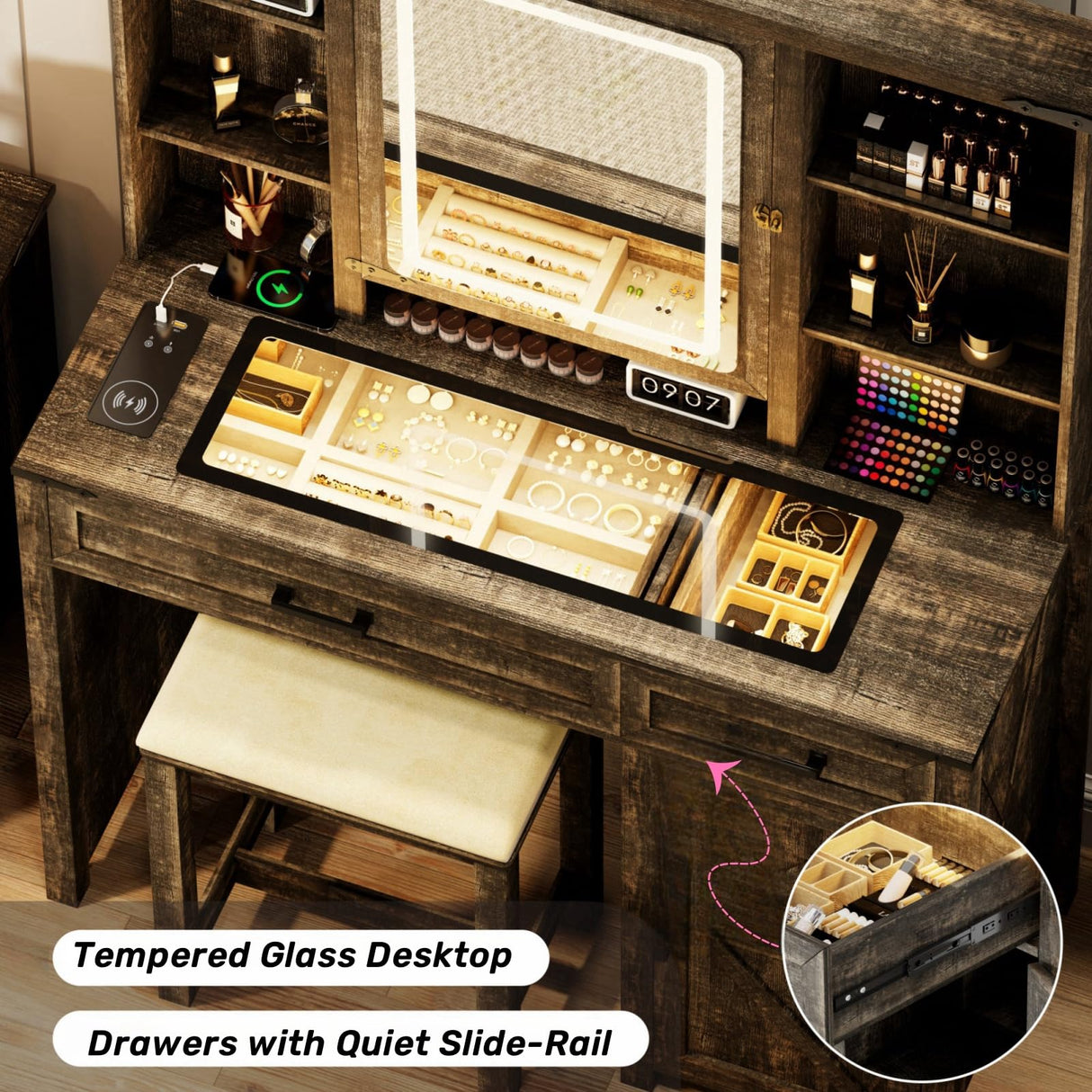 ChicFurnit Farmhouse Makeup Vanity,Vanity Desk with Glass Tabletop & 3 in 1 Charging Station,40'' Vanity Set with Human Body Sensing LED Lights & Hidden Jewelry Cabinet,Stool Included, Vintage Brown ChicFurnit