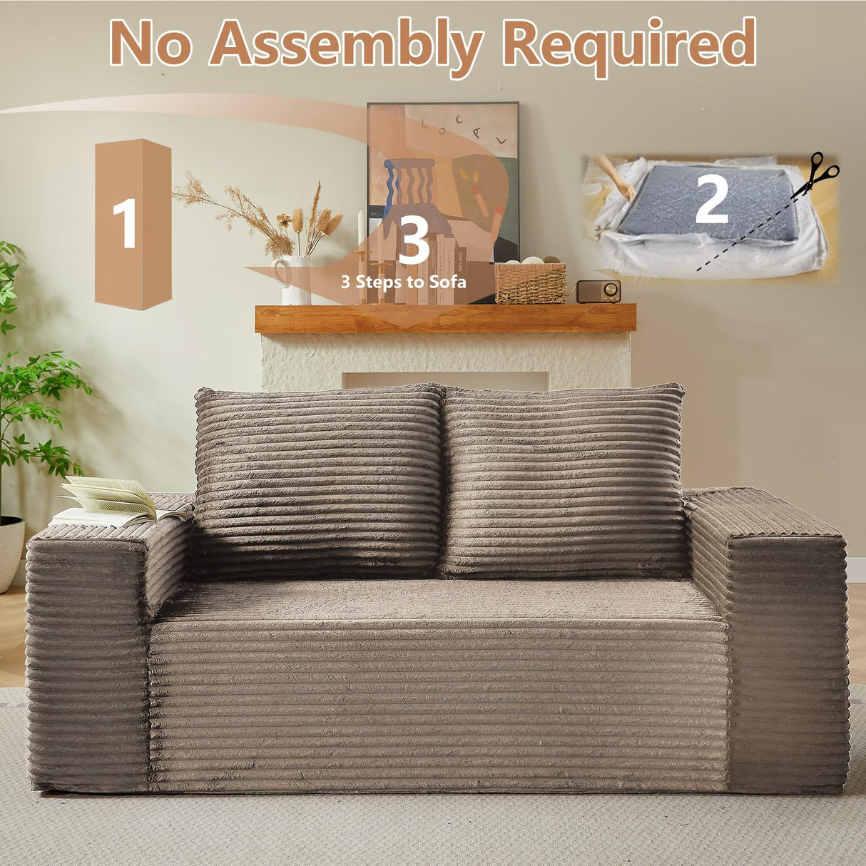 63" Boneless Couch Loveseat Sofa, Comfy Deep Seat Cloud Couch, Memory Foam, No Assembly Required Floor Sofa for Living Room, Bedroom, Apartment, Small Spaces, Corduroy, Camel Lakifun