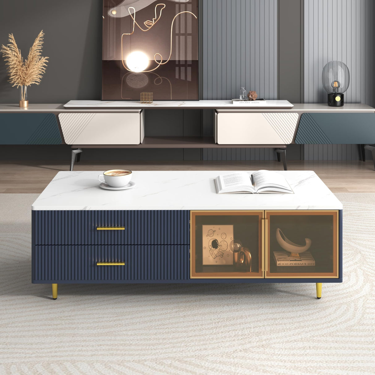 Modern Coffee Table with Glass Doors Storage, 47.2" Large Multi-Color Led Coffee Table with 4 Drawers and Gold Metal Legs, Wooden Rectangle Tea Table Center Table for Living Room, Navy Blue cloblane