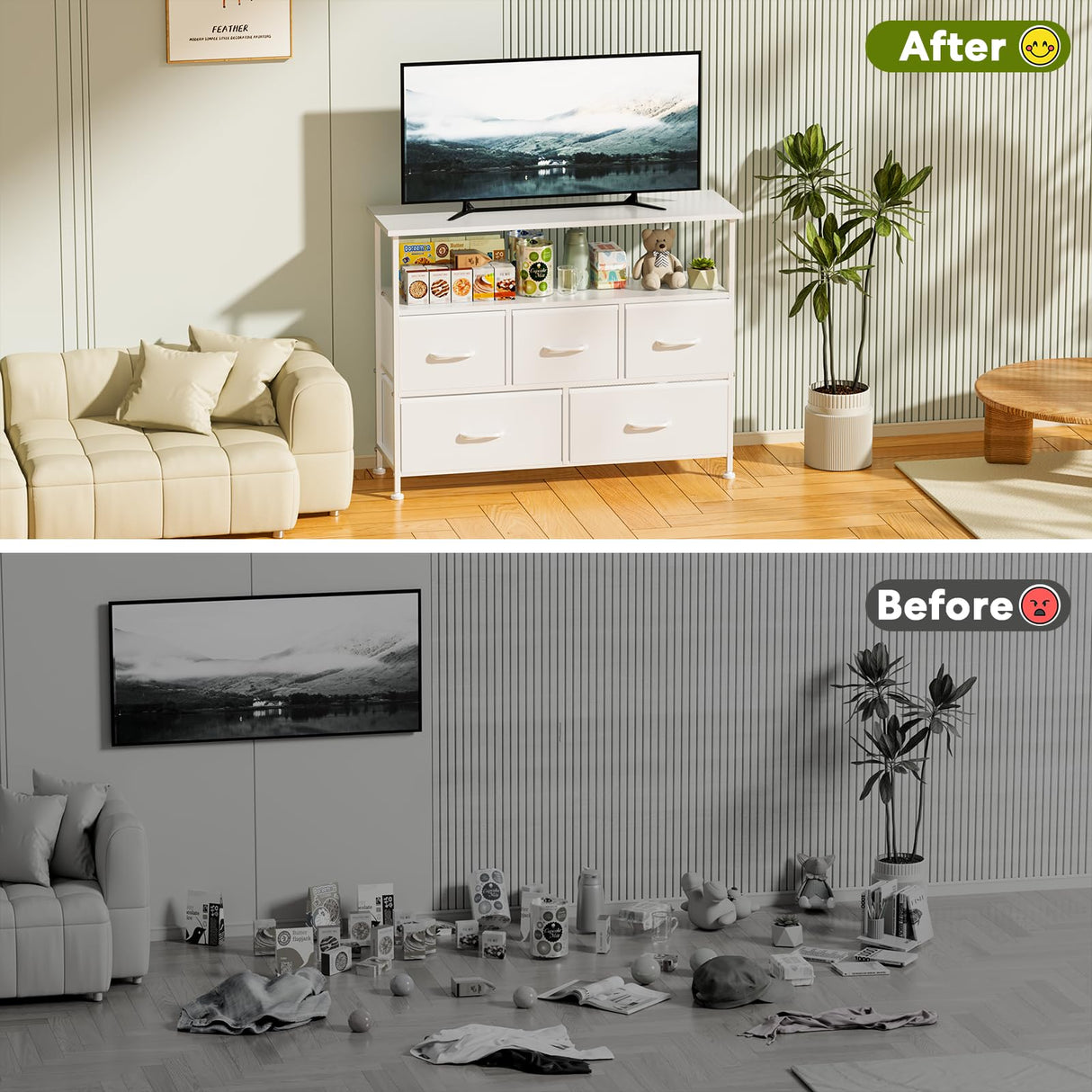 Simple Deluxe TV Stand Dresser for Bedroom Entertainment Center with 5 Fabric Drawers, Storage Organizers Units for Living Room, Media Console Table with Open Shelf up for 45" TV, White, Wood top Simple Deluxe