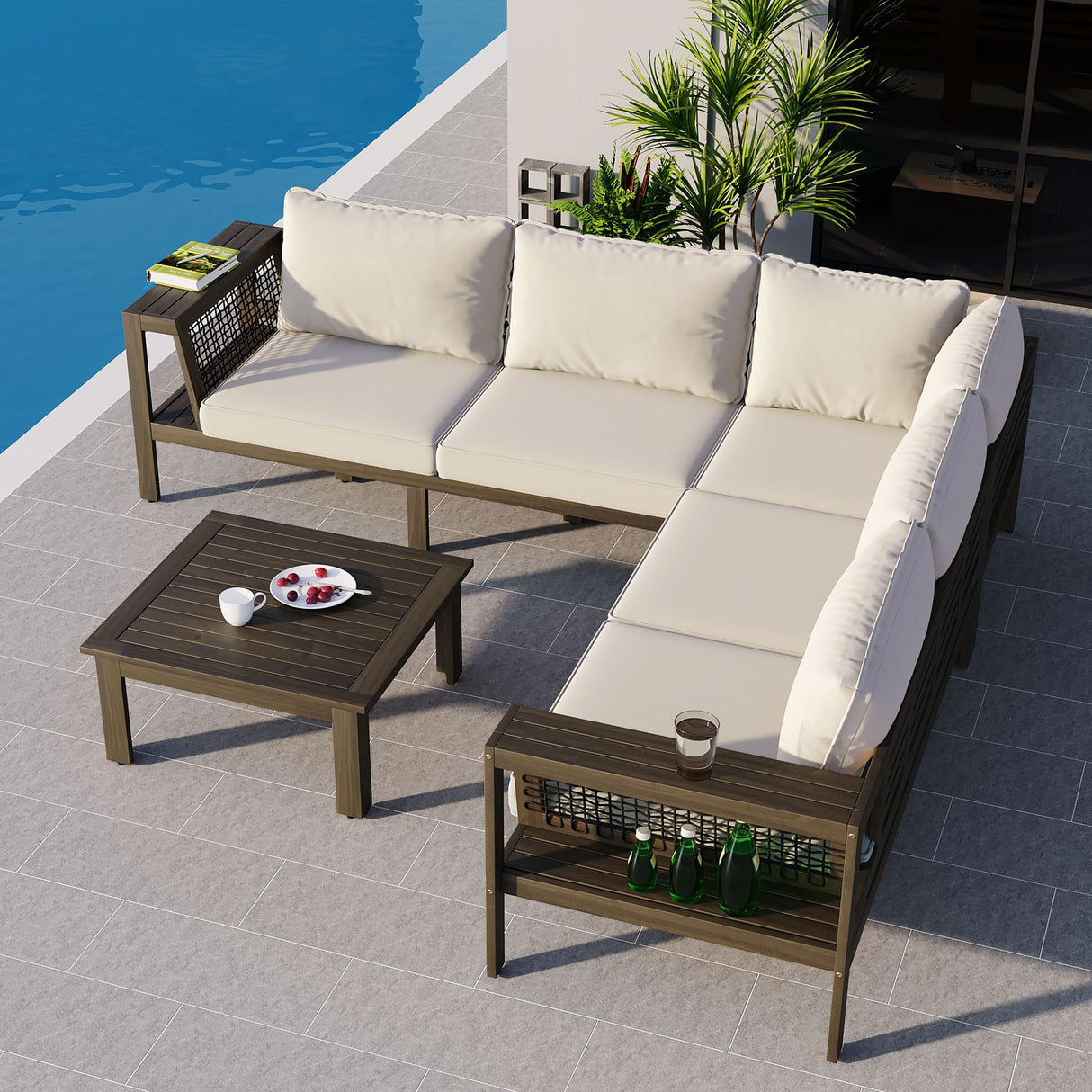 Merax 4 Pieces Patio Furniture Set, Outdoor L-Shaped Sectional Sofa Set with Coffee Table, Acacia Wood Conversation Seating & Thick Cushions and Side Table, for Garden, Poolside and Backyard, Beige Merax