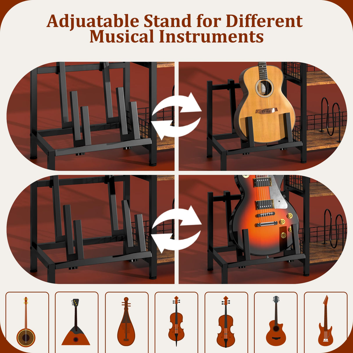 kepptory Tall Vinyl Record Player Stand with LED Lights, 3 Tier Record Storage Cabinet with Vinyl Holder and Guitar Stand, Media Display Shelf, Mid Century Modern Bookshelf, Turntable Stand (Brown) kepptory