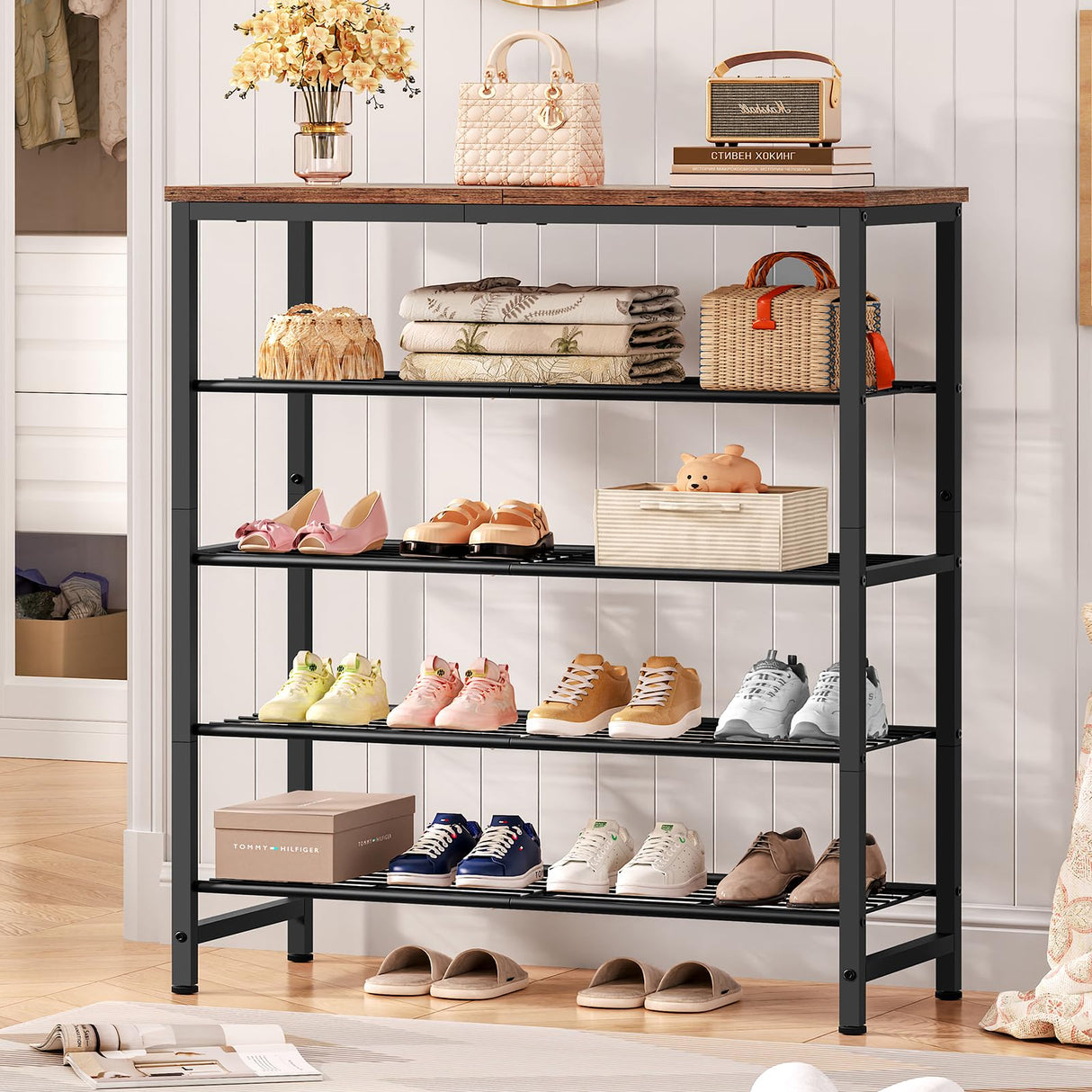 usikey 5-Tier Shoe Rack, Industrial Shoe Storage Organizer for 12-16 Pairs of Shoes, Metal Shoe Shelf with Wooden Top, Shoe Stand with 3 Metal Shelves for Entryway, Hallway, Closet, Rustic Brown usikey