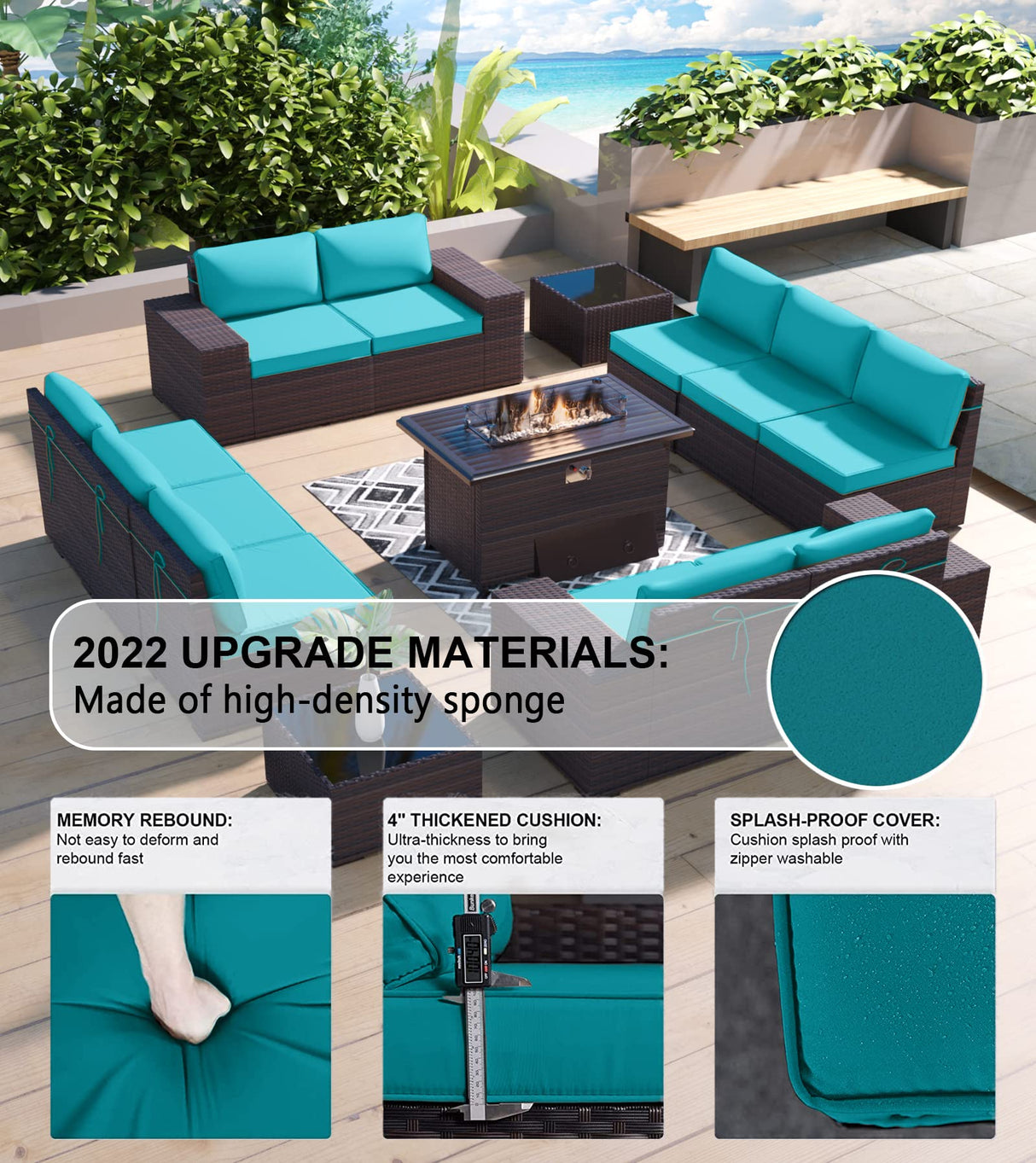 Kullavik 13 Pieces Outdoor Patio Furniture Set with 43" 55000BTU Gas Propane Fire Pit Table PE Wicker Rattan Sectional Sofa Patio Conversation Sets,Blue Kullavik