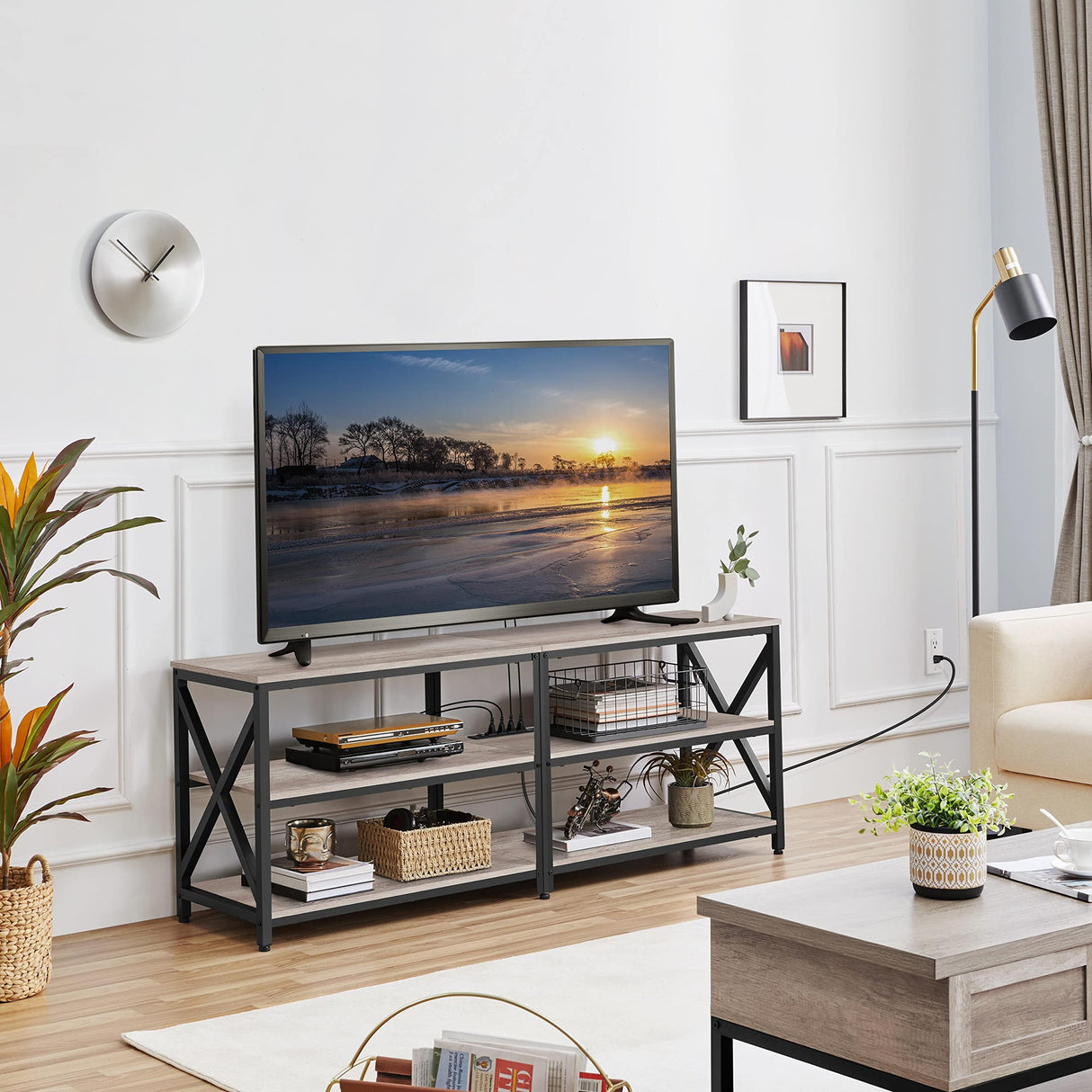 Yaheetech TV Stand with Power Outlet for 75 Inch TV, 3 Tiers TV Storage Cabinet Entertainment Center, Retro 63 Inch Long TV Console Table with Charging Station for Living Room, Gray Yaheetech