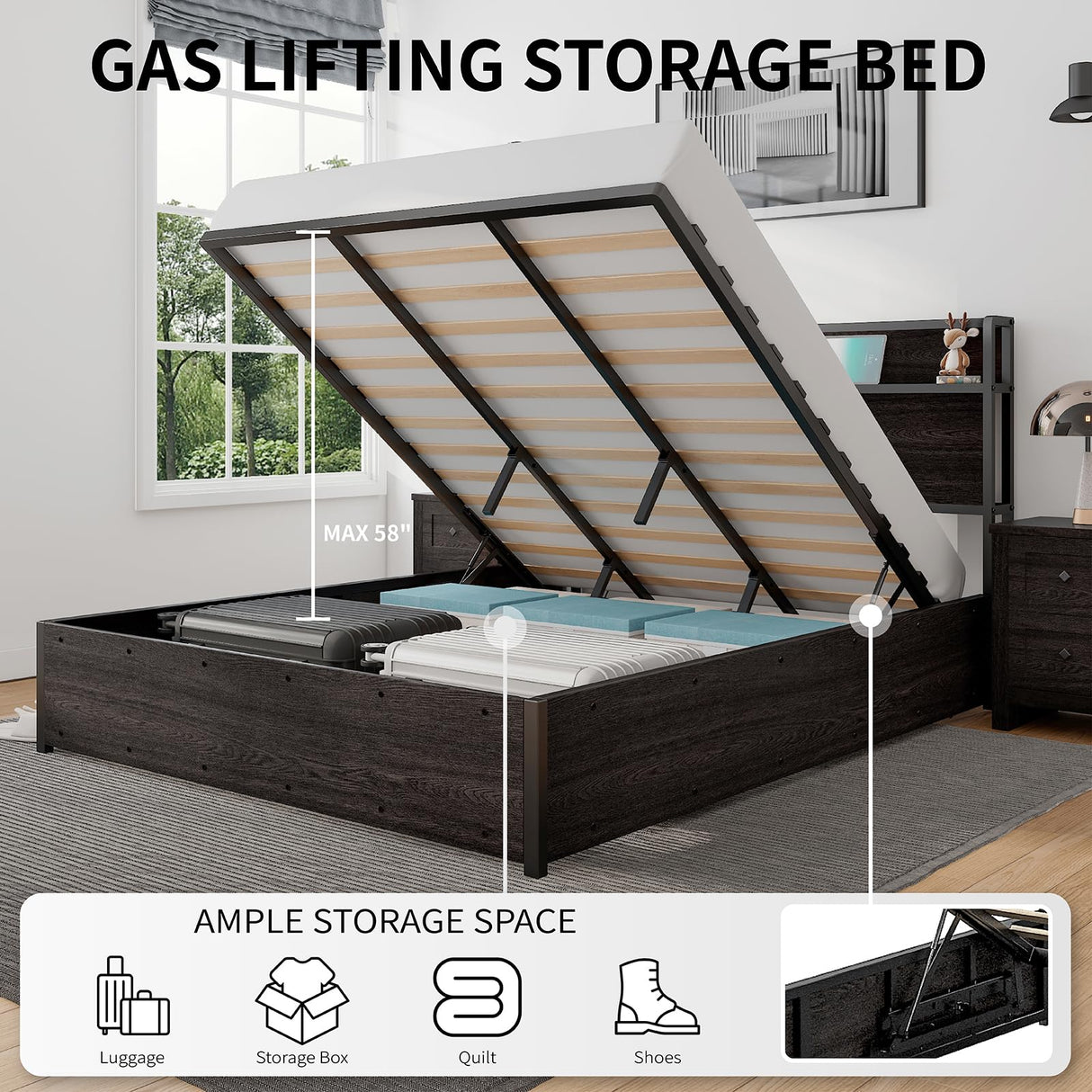 LUXOAK Queen Size Black Lift Up Storage Bed with Charging Headboard and Easy Assembly LUXOAK