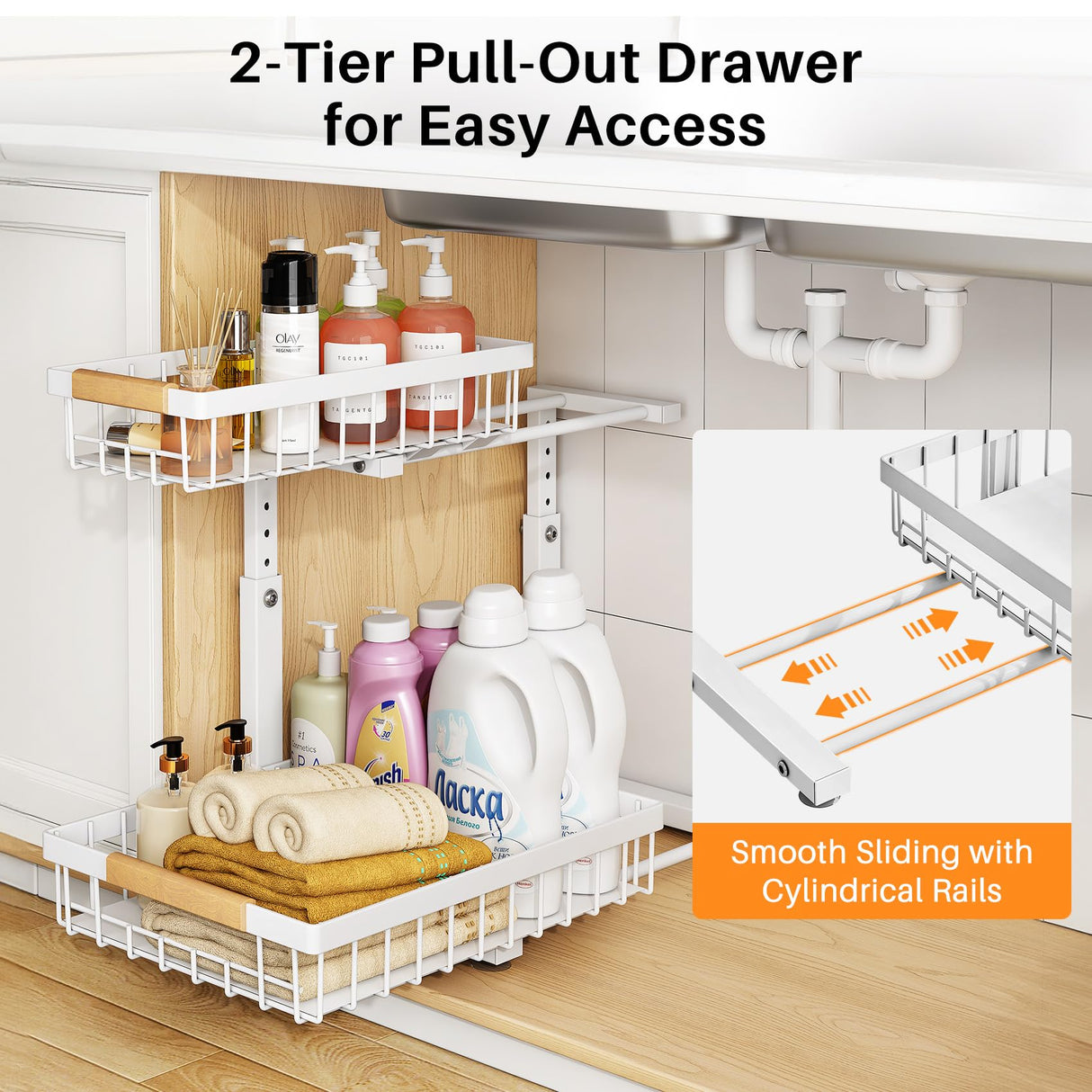 PXRACK 2 Pack Under Sink Organizer,Adjustable Height,2 Tier Pull Out Under Cabinet Organizer,Slide Out Thickened Metal Under Sink Storage for Kitchen Bathroom Laundry Cabinet Pantry,White PXRACK