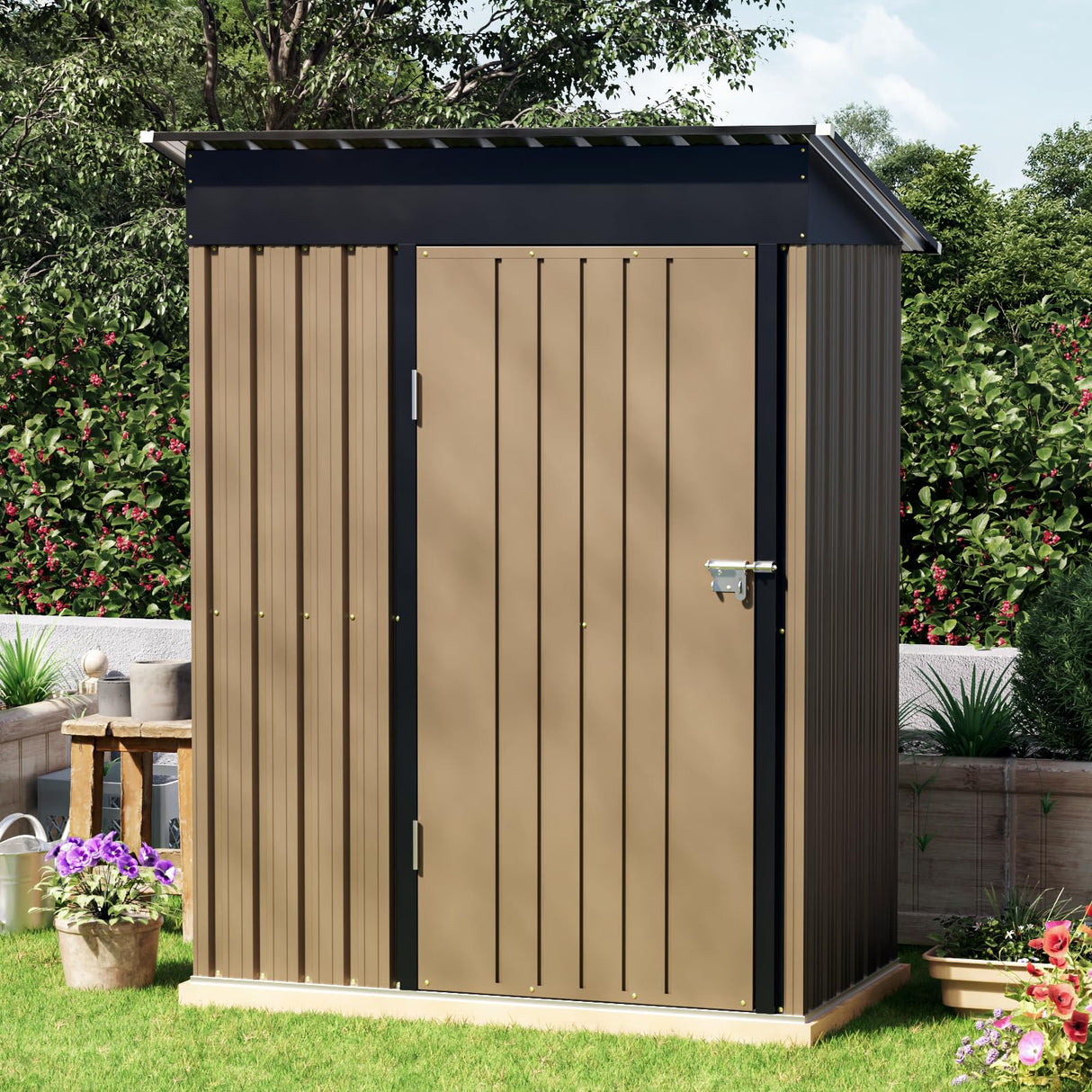 Grovellis 3x5 FT Outdoor Metal Storage Shed, Single Door, 1 Clear Window, Tool Shed for Garden, Patio, Backyard Brown Grovellis