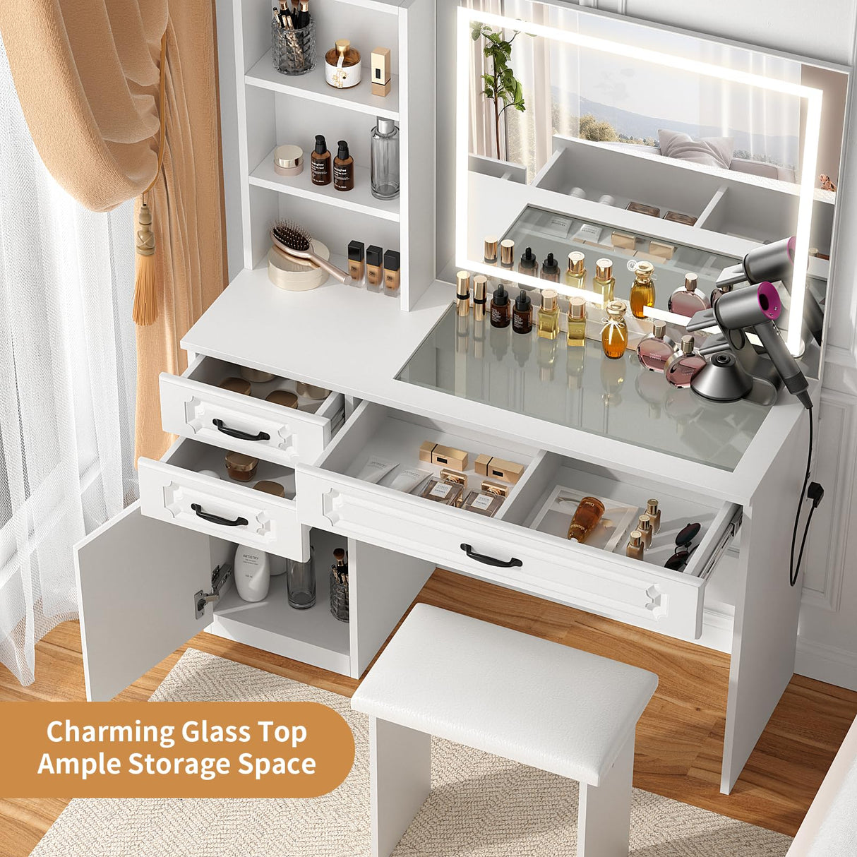 VOWNER Vanity with Lighted Mirror - Makeup Vanity Desk with Glass Top, Power Strip, Drawers and Shelves, 3 Color Lighting Modes Adjustable Brightness, Vanity Table with Cushioned Stool, 45'' L VOWNER