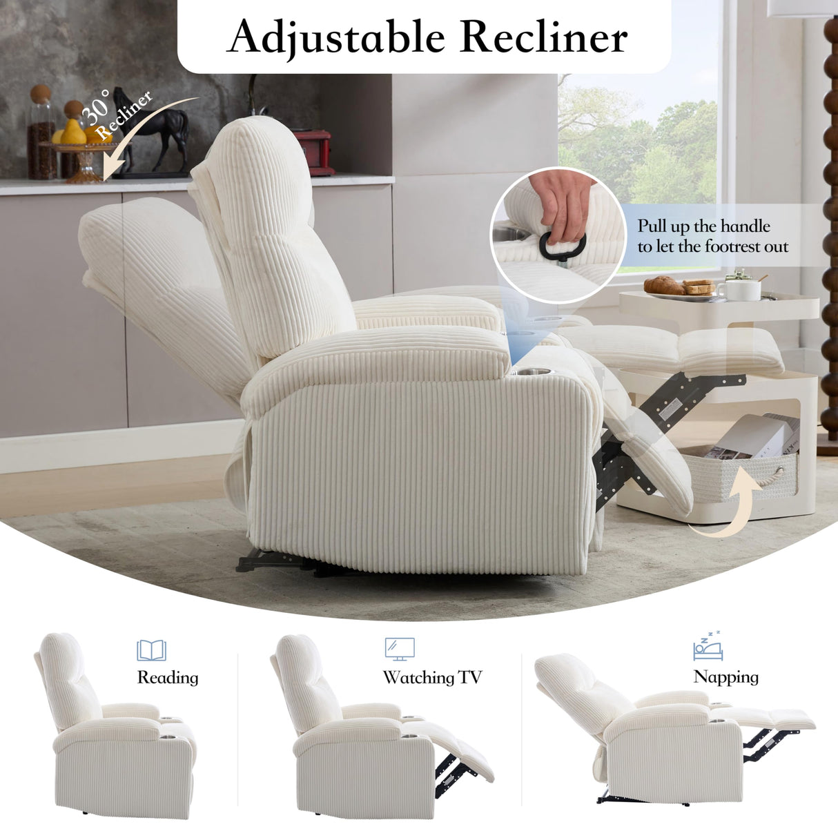 Manual Recliner Chair with Pull Ring, 3 Position 140° Reclining Sofa for Living Room, Nursery, RV, and Office,Oversized Recliner Chairs for Adults(White Corduroy Fabric) AIWOEN