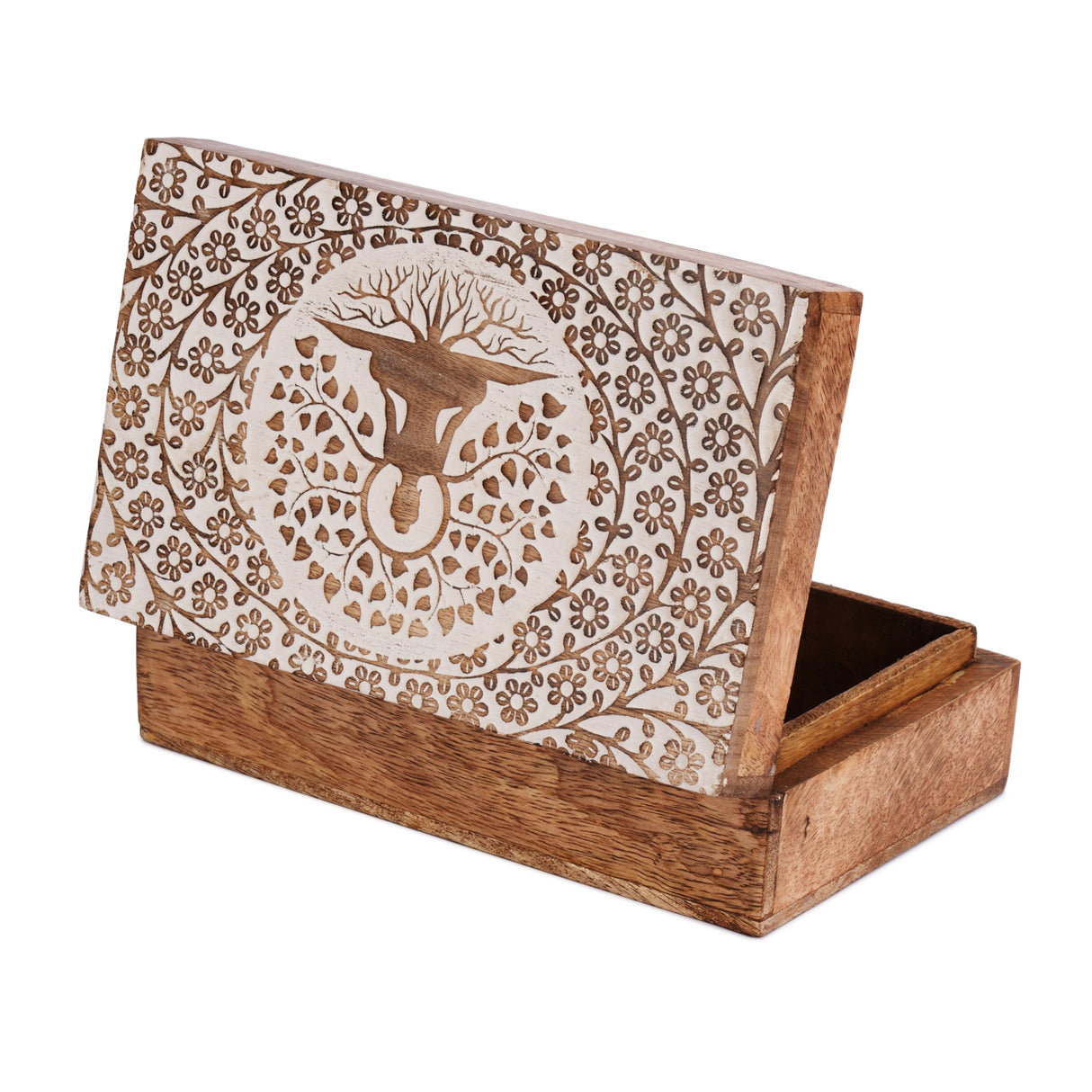 Ajuny Wooden Handcrafted Decorative Jewelry Storage Box Buddha Tree Design White Multipurpose Treasure Chest Organizer Travel Keepsake Trinket Holder Watch Box Gifts 8x5 Inch Ajuny