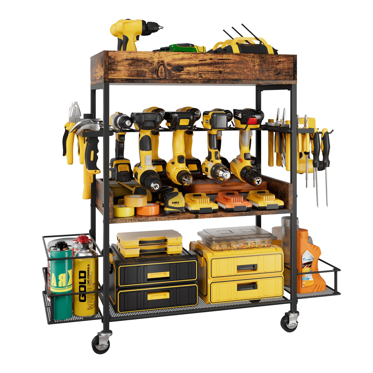 Dunatou Power Tool Organizer Cart Heavy Duty 4 Tier Rolling Tool Cart Garage Storage with Drill Rack Shelf Open Tool Chest Organizer with Wheels Workshop and Garage Ideas for Men or Dad Dunatou
