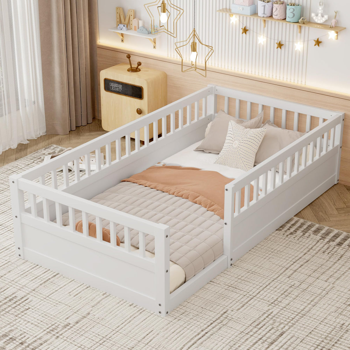 Floor Bed for Kids, Twin Size Montessori Bed with High Fence Railings, Wood Playhouse Bed with Rails for Baby Boys Girls Teens, No Slats Included, White Mirightone