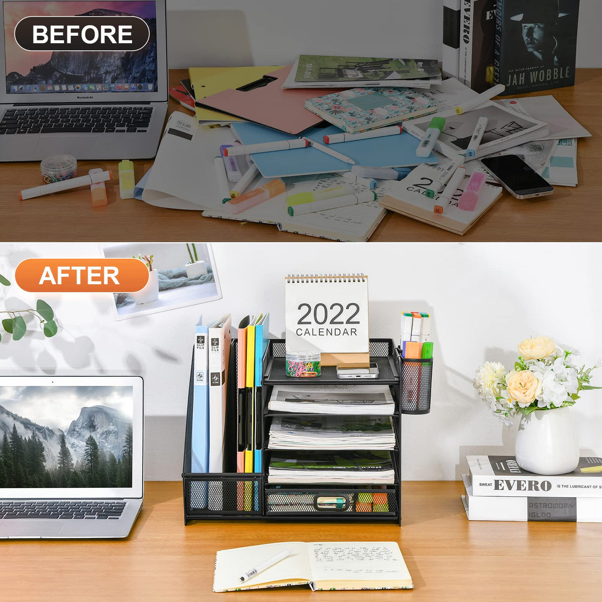 Marbrasse Desk Organizer with File Holder, 5-Tier Paper Letter Tray Organizer with Drawer and 2 Pen Holder, Mesh Desktop Organizer and Storage with Magazine Holder for Office Supplies(Black) Marbrasse