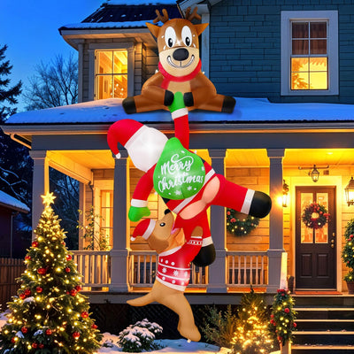 Fayavoo 8 FT Hanging Christmas Inflatable Outdoor Decoration, Inflatable Reindeer Pulling Santa and Dog, Funny Christmas Blow Up Yard Decorations with Built-in LEDs for Xmas Party Roof Lawn Tree Decor