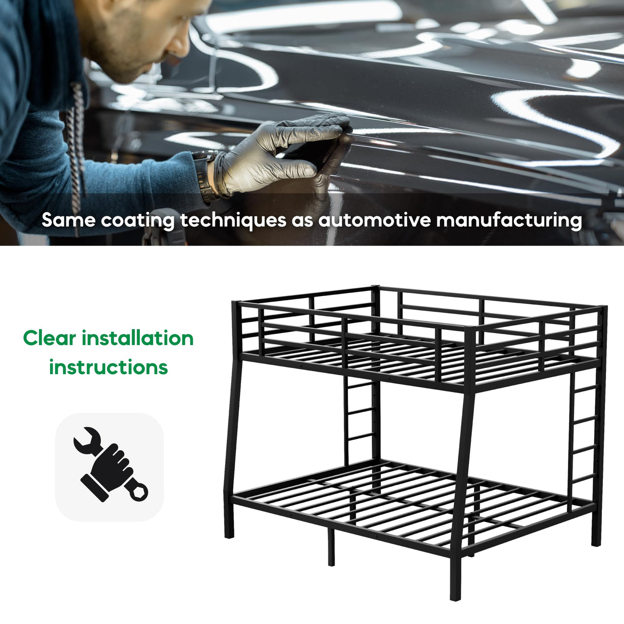 Olodumare Metal Full XL Over Queen Bunk Bed for Kids & Adults with Extra Thick Support Columns & Higher Guardrail, 2 Ladders, Squeak-Free, Heavy Duty, No Box Spring Needed, Easy Assembly, Black Olodumare