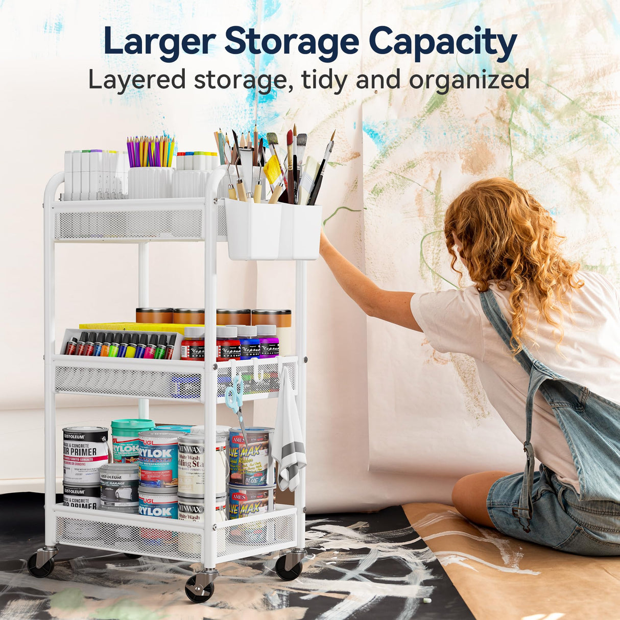 YASONIC 3 Tier Rolling Cart – Metal Utility Storage Cart with Wheels, Craft Carts Organizer with Hanging Cups, Hooks, Mesh Basket for Bedside Kitchen Office Art, White YASONIC