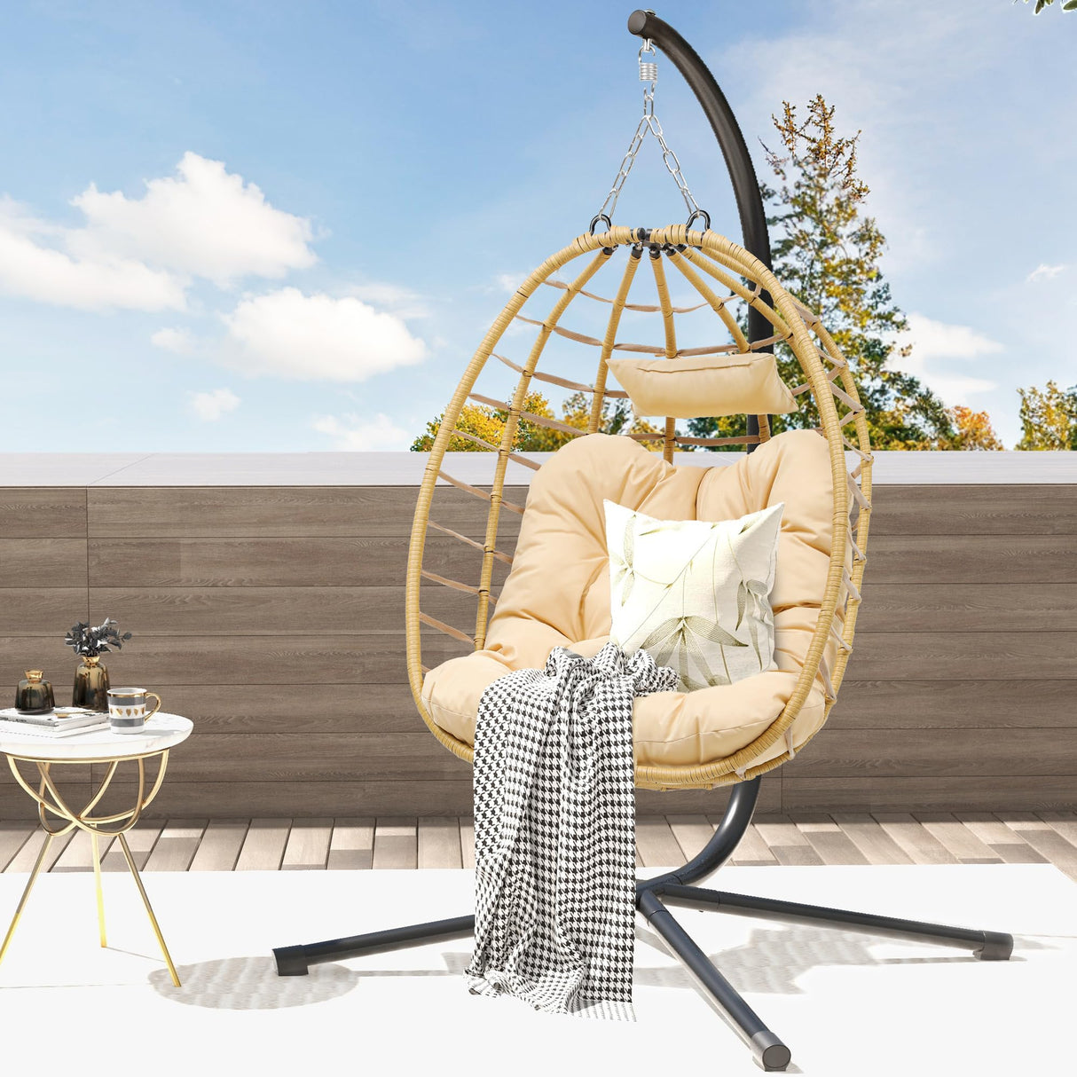 DWVO Egg Hanging Swing Chair with Stand Egg Chair Wicker Indoor Outdoor Hammock Egg Chair with Cushions 330lbs for Patio, Bedroom, Garden and Balcony, Beige DWVO