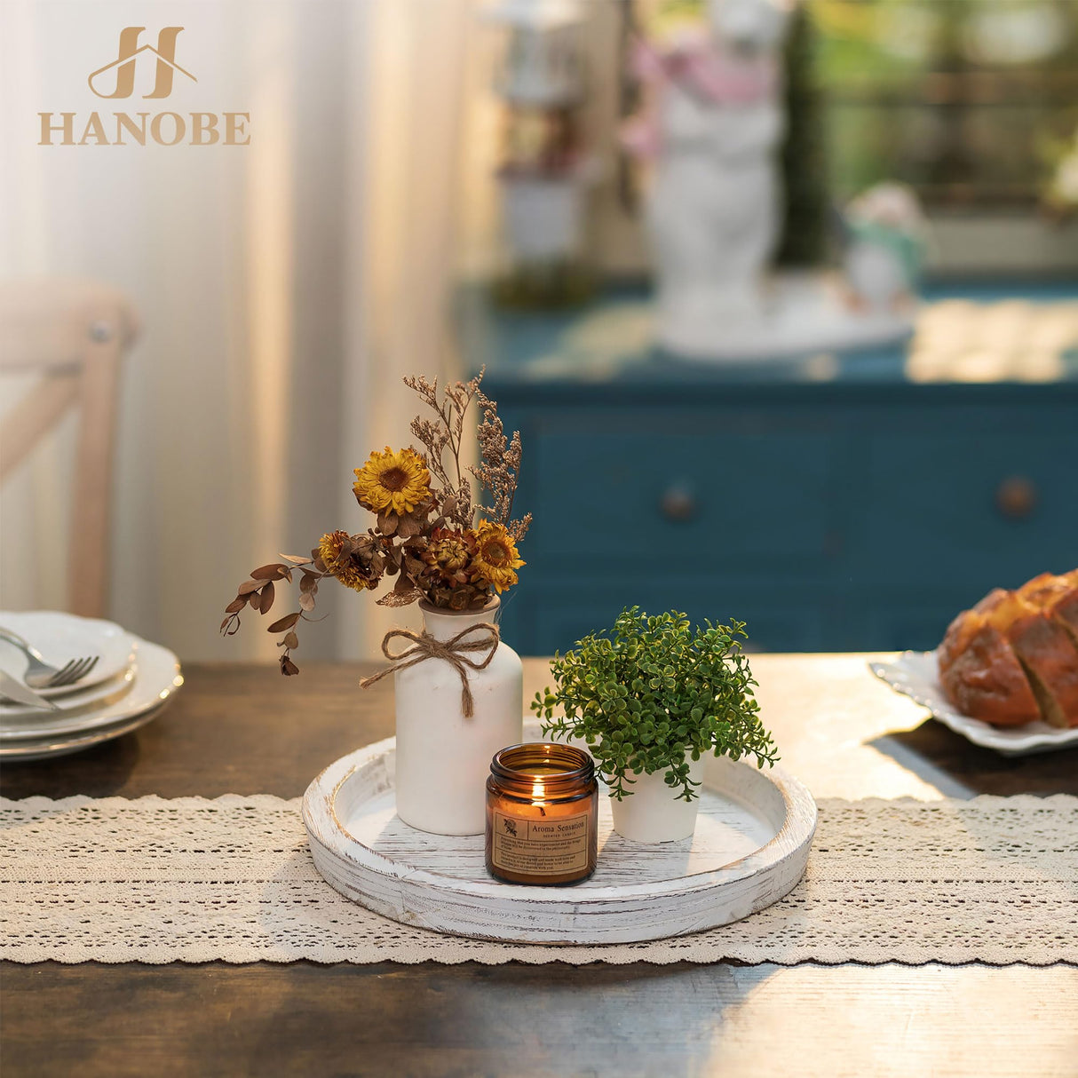 Hanobe Candle Plate Holder Tray: Round Wooden Decorative Candle Plate Small Farmhouse Table Centerpiece Rustic White Wood Tealight Pillar Trays for Home Decor Hanobe