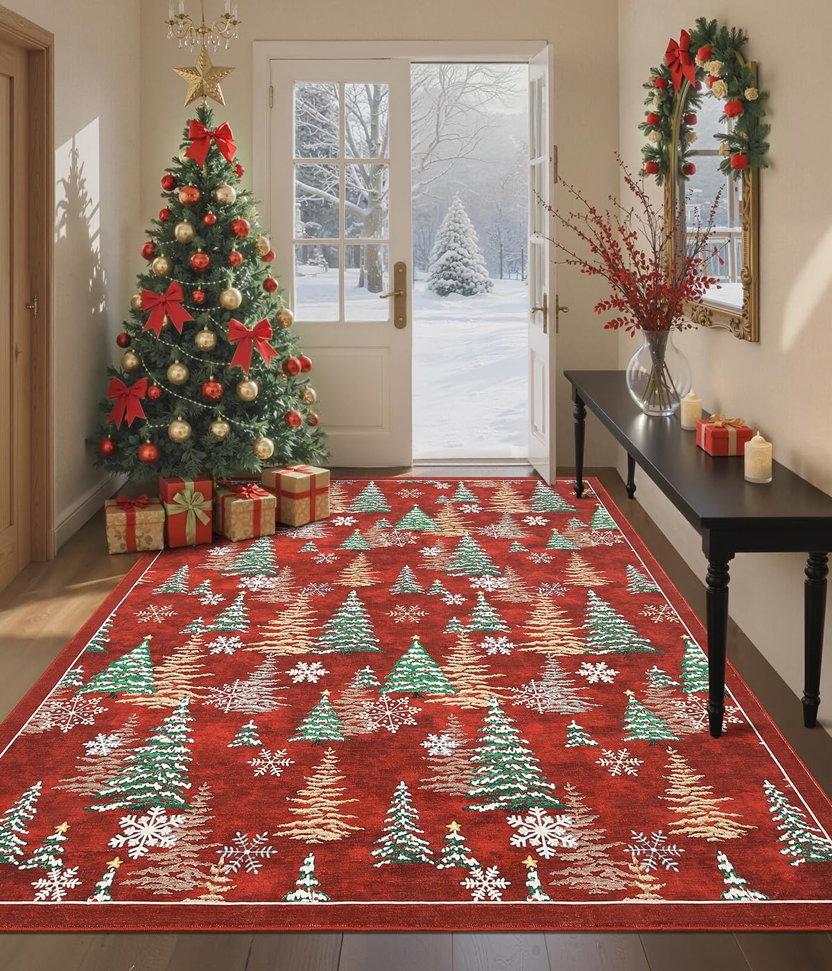 GarveeHome Red 8x10 Christmas Rug Living Room Rug Non Slip Washable Stain Resistant 8x10 Washable Rugs Christmas Tree Snow Print Low Pile Soft Holiday Decor Carpet for Bedroom Laundry Room GarveeHome