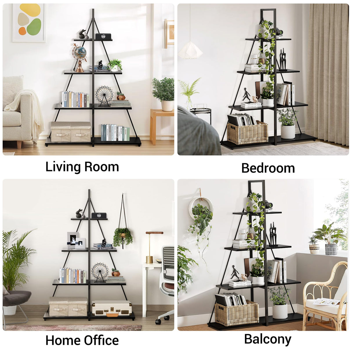 IDEALHOUSE Bookshelf, 4 Tier-Shelf Ladder Book case, A-Shaped Sturdy Shelves Display, Wooden Bookcase Storage Organizer for Living Room, Home Office, Bedroom IDEALHOUSE