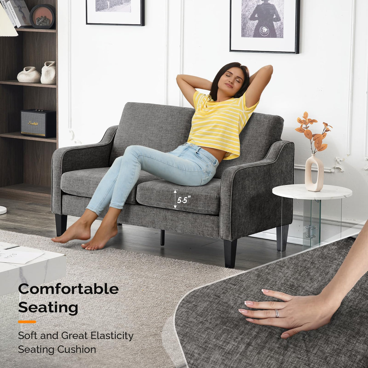 VINGLI 53" Wide Love Seat, Mid-Century Modern Loveseat Sofa Couch with Solid Legs, 2 Seater Sofa Couches with Scooped Armrest for Small Spaces, Living Room, Dorm, Bedroom, Apartment (Light Grey) VINGLI