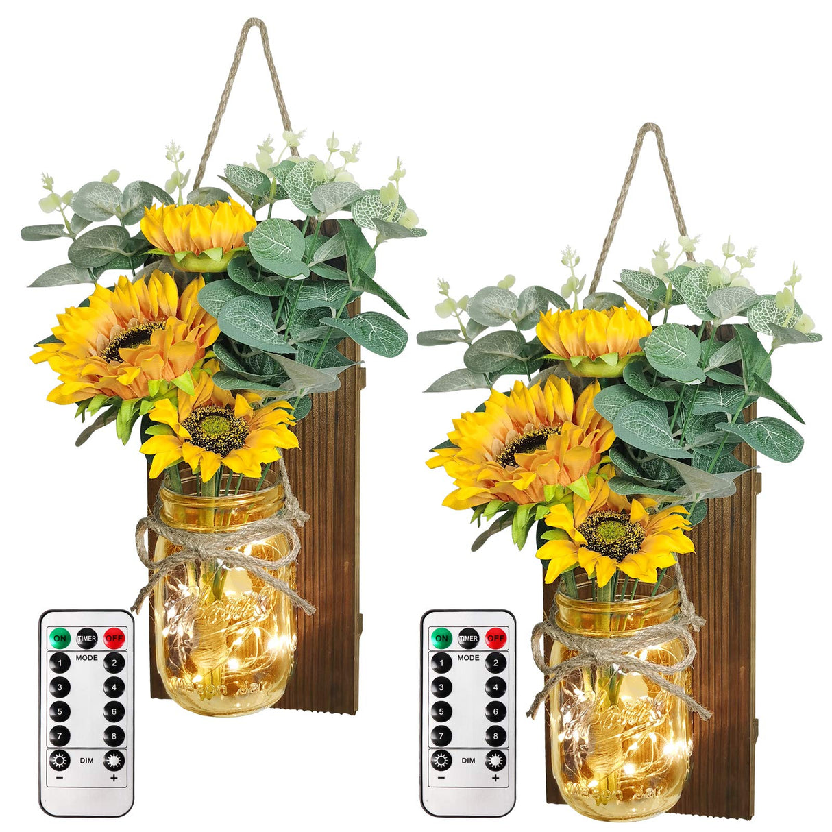 OurWarm Country Farmhouse Sunflower Wall Decor with Mason Jars, Remote 6-Hour Timer LED Lights, Hanging Mason Jar for Home Kitchen Decor Living Room Lights, Set of 2 OurWarm