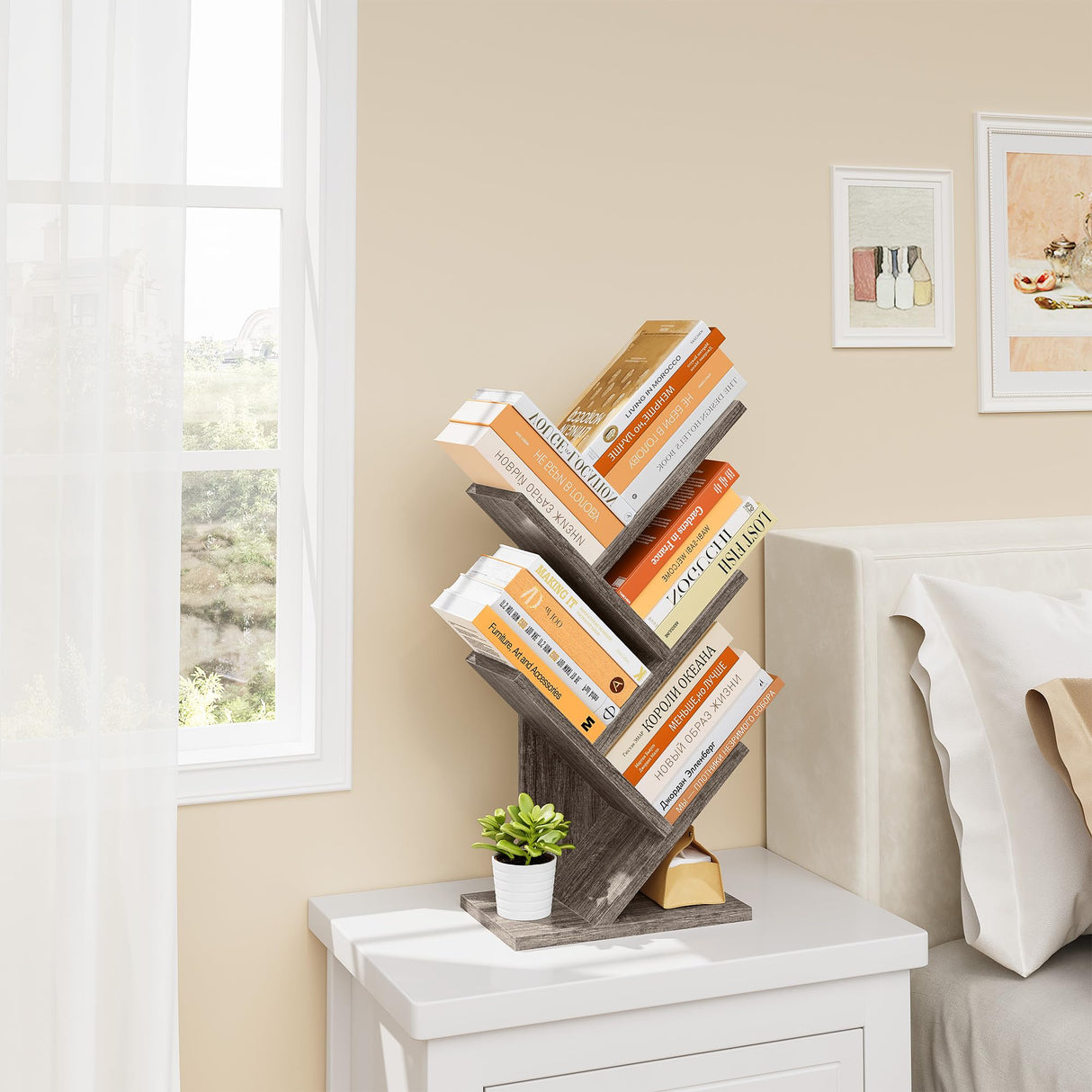 Hoctieon 4 Tier Tree Bookshelf, 4 Shelf Bookcase, Free Standing Tree Bookcase, Display Floor Standing Shelf for Books, Book Organizer Shelves for Home Office, Living Room, Bedroom, Grey Hoctieon