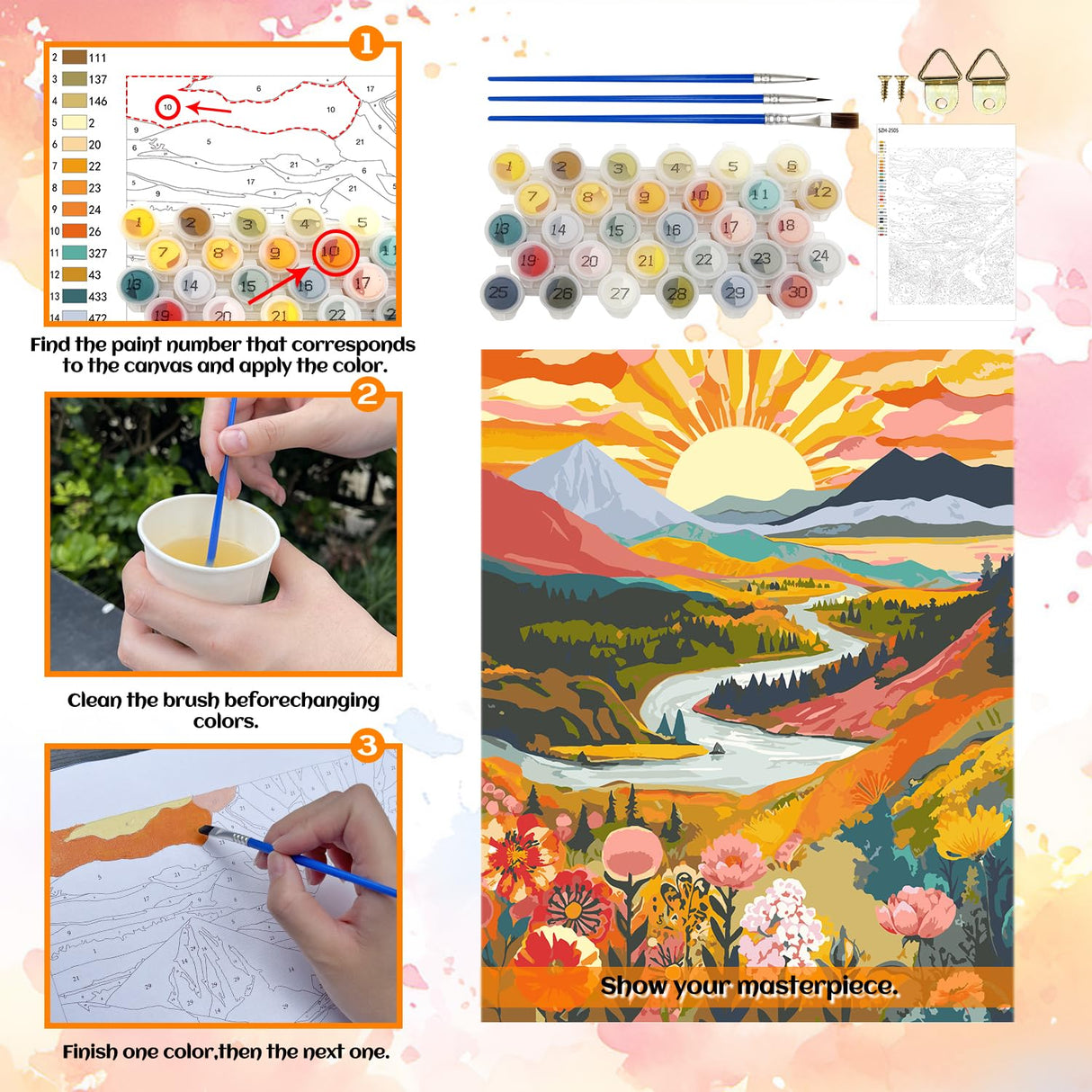 NPCSWXQ Paint by Numbers Kit for Adults Beginners, Sunrise Mountains and Rivers Landscape Painting Crafts Number Art Paint Kits for Home Wall Bedroom Study or Office Decor Gift 16x20Inch NPCSWXQ