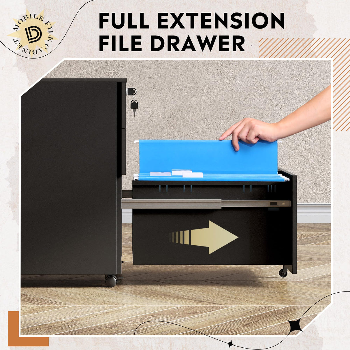 DEVAISE Locking File Cabinet, 3 Drawer Rolling Pedestal Under Desk Office, Fully Assembled Except Casters, Black DEVAISE