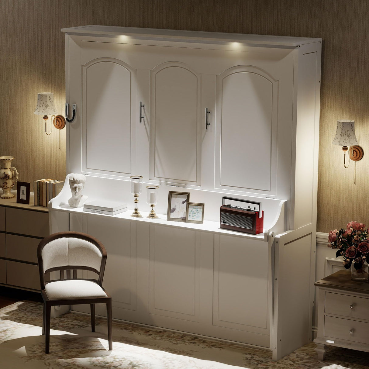 Ball & Cast Queen Size Murphy Bed with Desk,Hideaway Beds w/LED Lights and USB Charging Station,Wood Wall Cabinets Bedframe,Slat Support,Dual Piston Metal Folding Mechanism Designed,White Ball & Cast