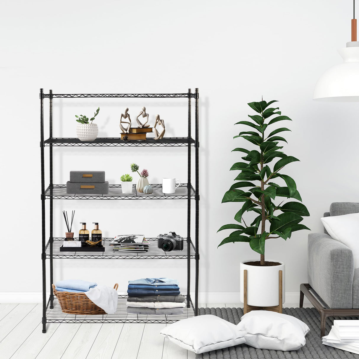 Elevon 5-Tier Storage Shelves, Adjustable Metal Wire Shelving Unit with Leveling Feet Heavy Duty Pantry Shelves Organizer Rack for Kitchen Garage Laundry Office Warehouse, 35"L x13.4"W x64.3"H, Black Elevon