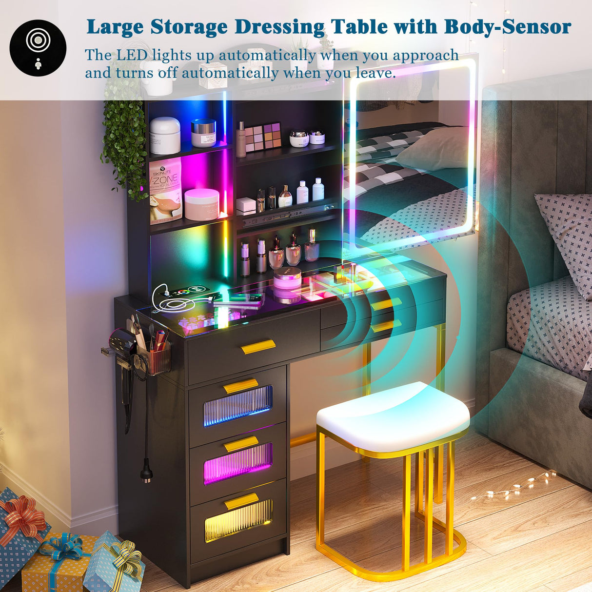 WOOVIVS RGB Vanity Desk with Sliding Mirror and Lights, LED Makeup Vanity with Charging Station/Motion Sensor Light, Glass Top Vanities Dressing Table Set with Jewelry Box,6 Drawers,Stool (Black) WOOVIVS