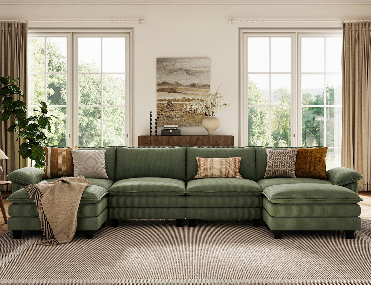 LINSY HOME 157'' Modular Sectional Sofa Green Couch Corduroy Cloud Couches for Living Room, U Shaped Couch with Movable Ottoman, Modern Cloud Sectional Sofas for Bedroom and Apartment, Green LINSY HOME