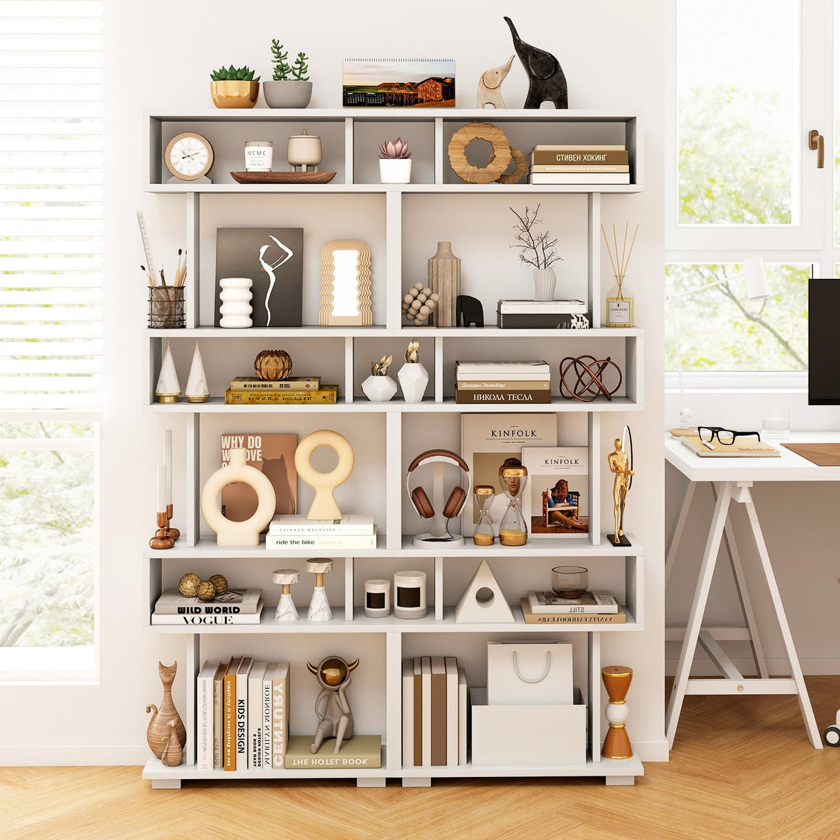 Tangkula 6-Tier S Shaped Bookcase, 64" Tall Modern Geometric Bookshelf with Anti-Tipping Kit, Home Office Freestanding Decorative Storage Display Shelf Room Divider for Living Room Study (1, White) Tangkula