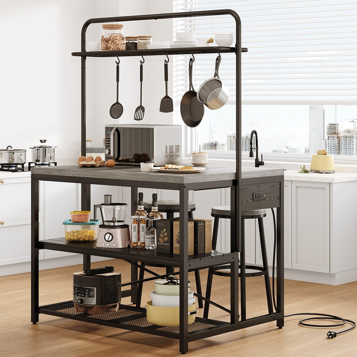 Jocoevol 46" Large Kitchen Island Table Baker Rack with Power Outlet and 3-Tier Storage-Microwave Stand Oven Shelf, Metal Coffee Bar Table,Kitchen Storage Shelf for Dining Living Room, 5 Hooks,Grey Jocoevol