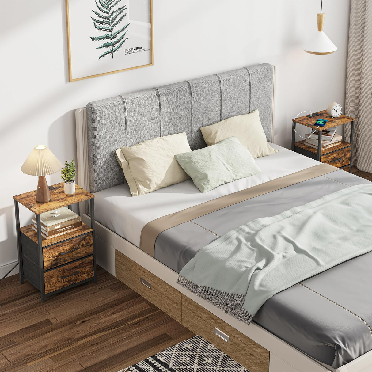 TUTOTAK End Table with Charging Station, Side Table with 2 USB Ports and Outlets, Nightstand with Cloth Drawer, Set of 2, Couch Table, Brown TB01BB052 TUTOTAK