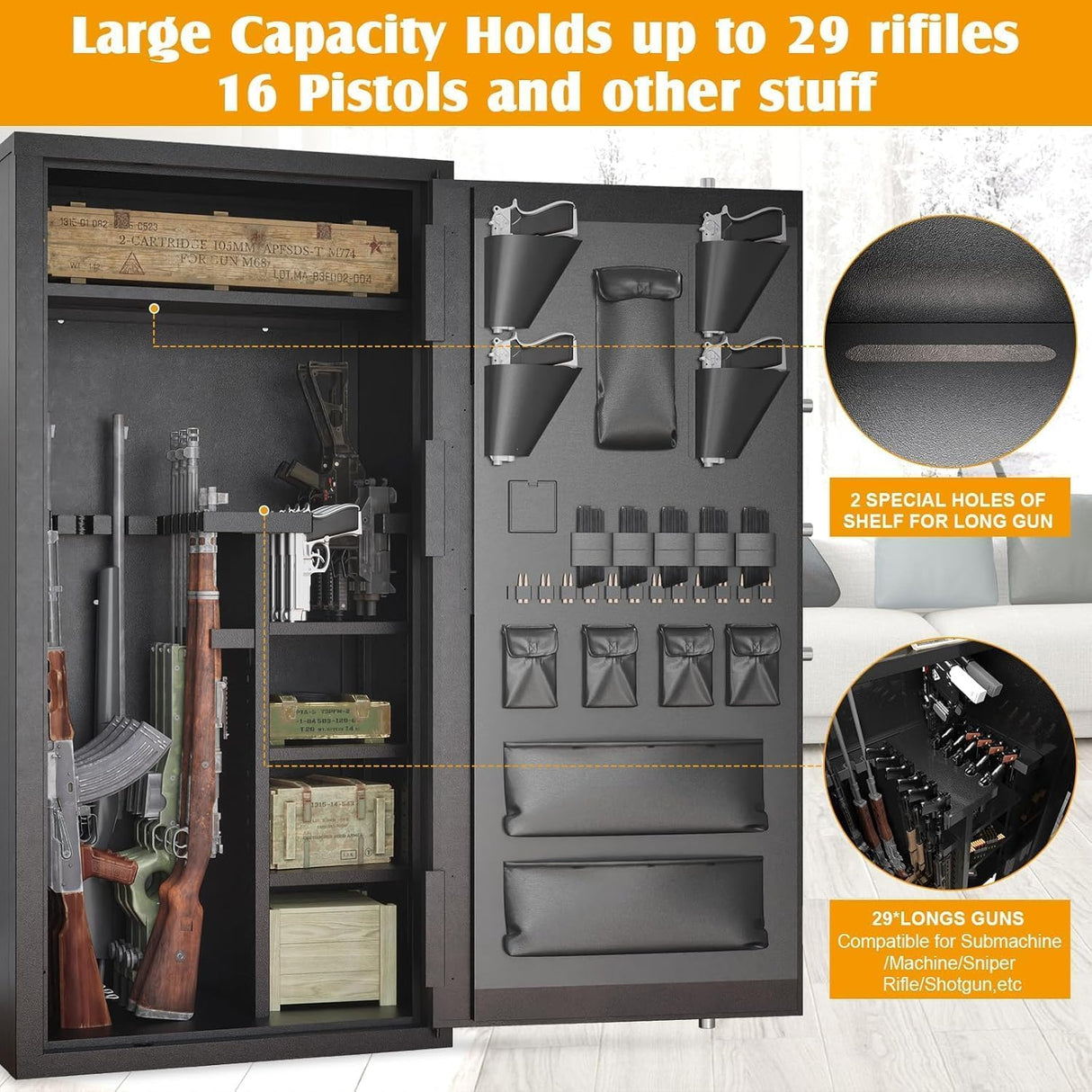 TTSITG Large Rifle Safe, 30-40 Gun Safe for Rifle and Shotgun/Rifle Pistol Rack/Storage Pocket/Removable Shelf/Silent Mode/External Battery/LED,180° Open Door Panel Organizer Gun Safe Unassembled TTSITG