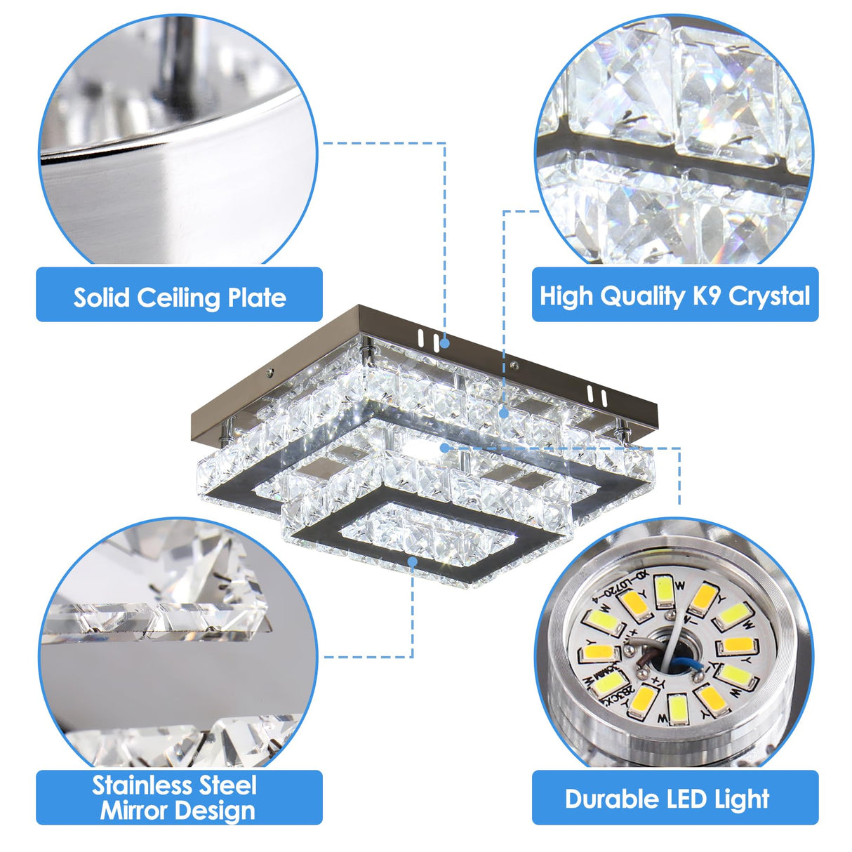 Finktonglan LED Crystal Ceiling Light Modern Flush Mount Rectangular Ceiling Lamp K9 Stainless Steel Ceiling Lights Fixture Chandelier for Living Room Bedroom Dining Room(Cool White) Finktonglan